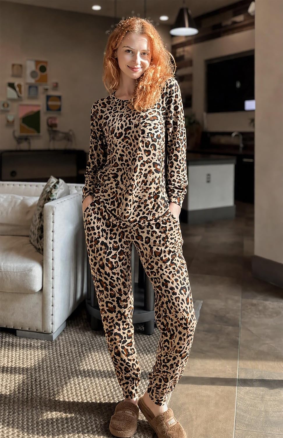 image:imageEkouaer Pajamas Womens Long Sleeve Pj Set Soft 2 Piece Lounge SetsApricot Leopard Print