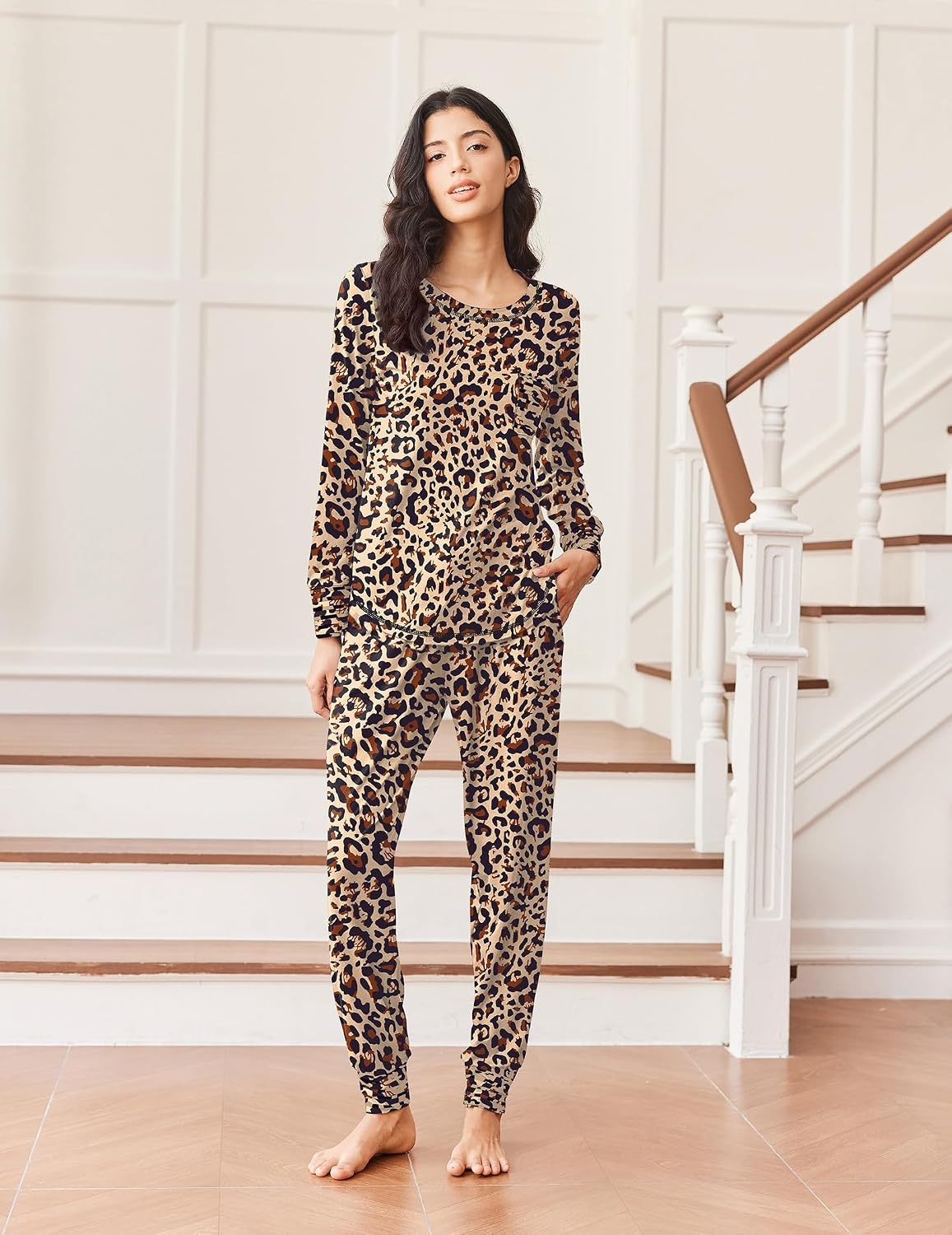 image:imageEkouaer Pajamas Womens Long Sleeve Pj Set Soft 2 Piece Lounge SetsApricot Leopard Print