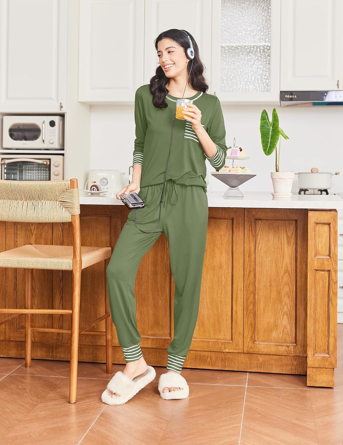 image:imageEkouaer Pajamas Womens Long Sleeve Pj Set Soft 2 Piece Lounge SetsArmy Green