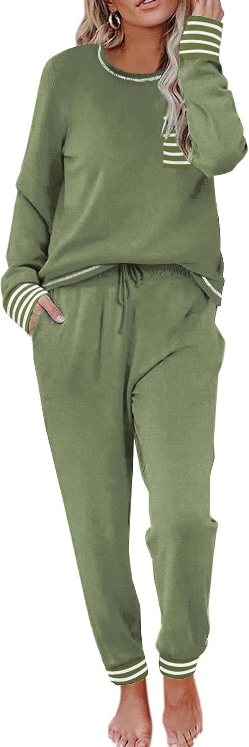 image:imageEkouaer Pajamas Womens Long Sleeve Pj Set Soft 2 Piece Lounge SetsArmy Green