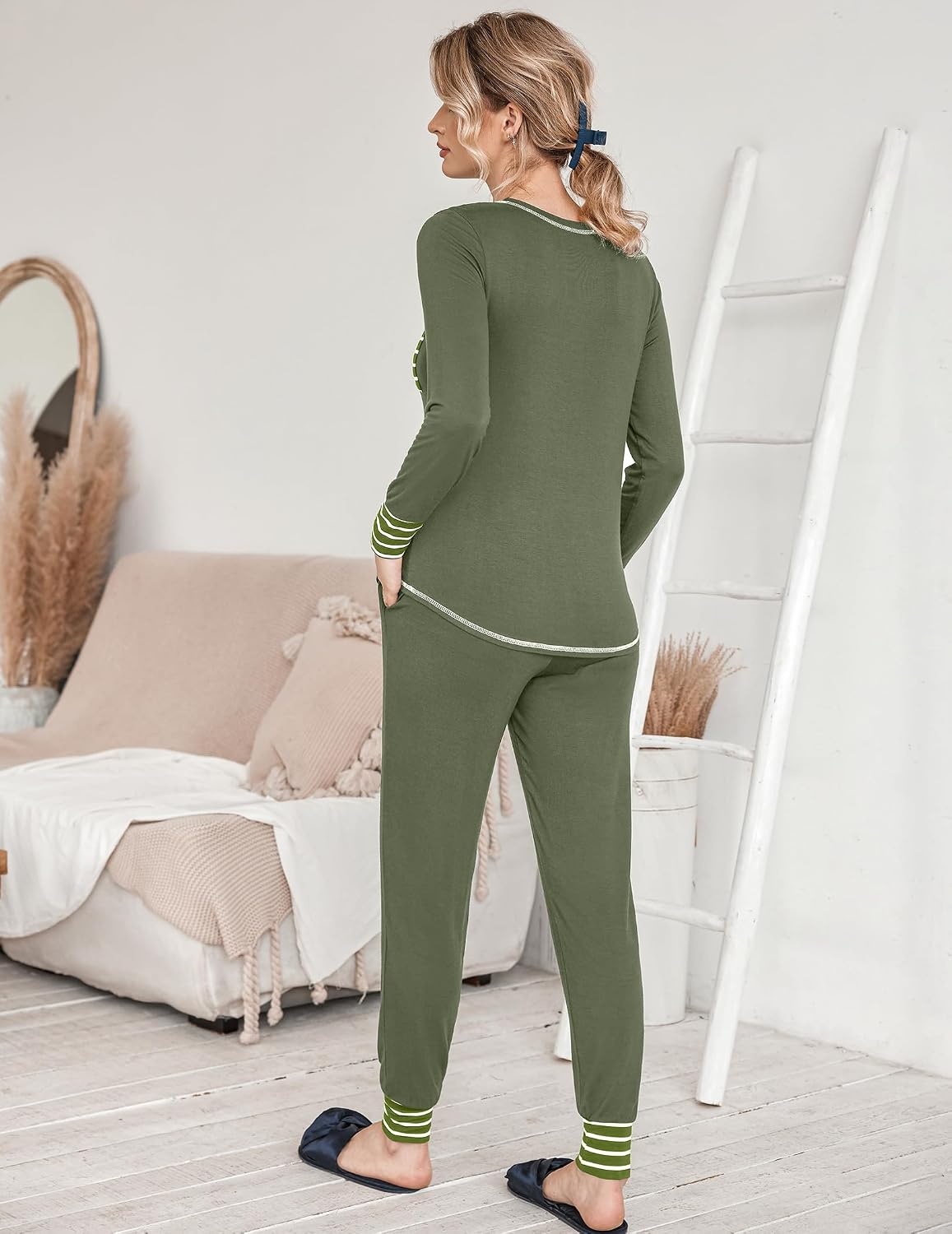 image:imageEkouaer Pajamas Womens Long Sleeve Pj Set Soft 2 Piece Lounge SetsArmy Green