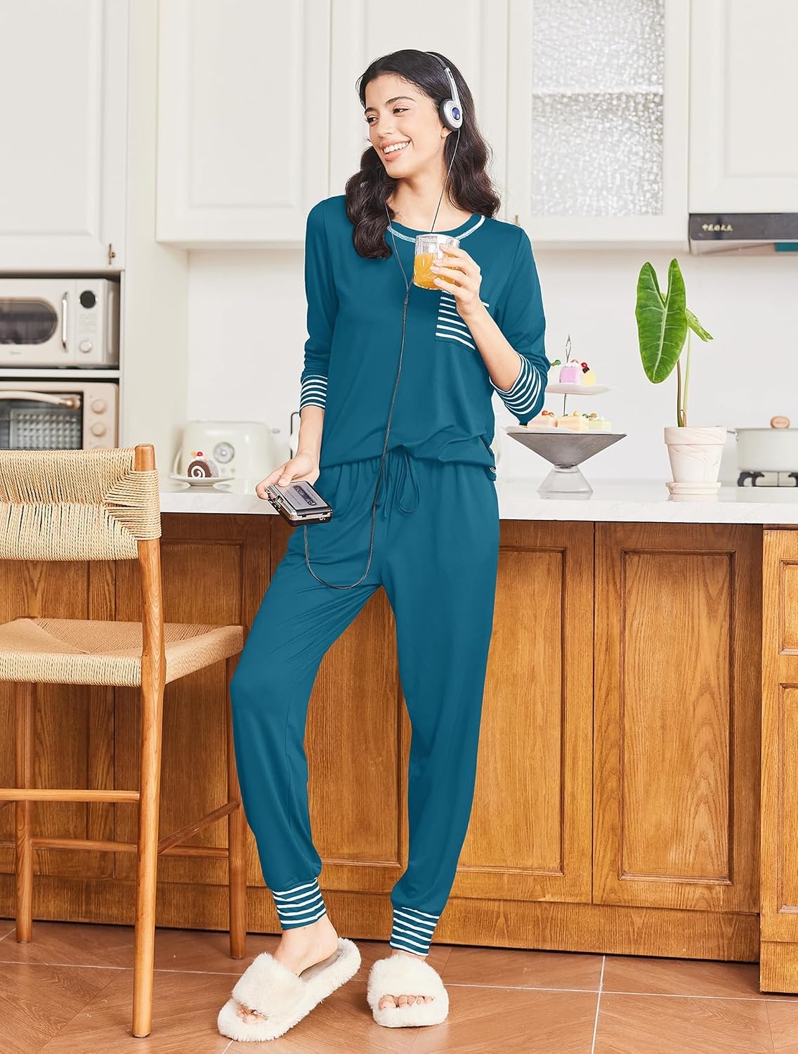 image:imageEkouaer Pajamas Womens Long Sleeve Pj Set Soft 2 Piece Lounge SetsBlue Green