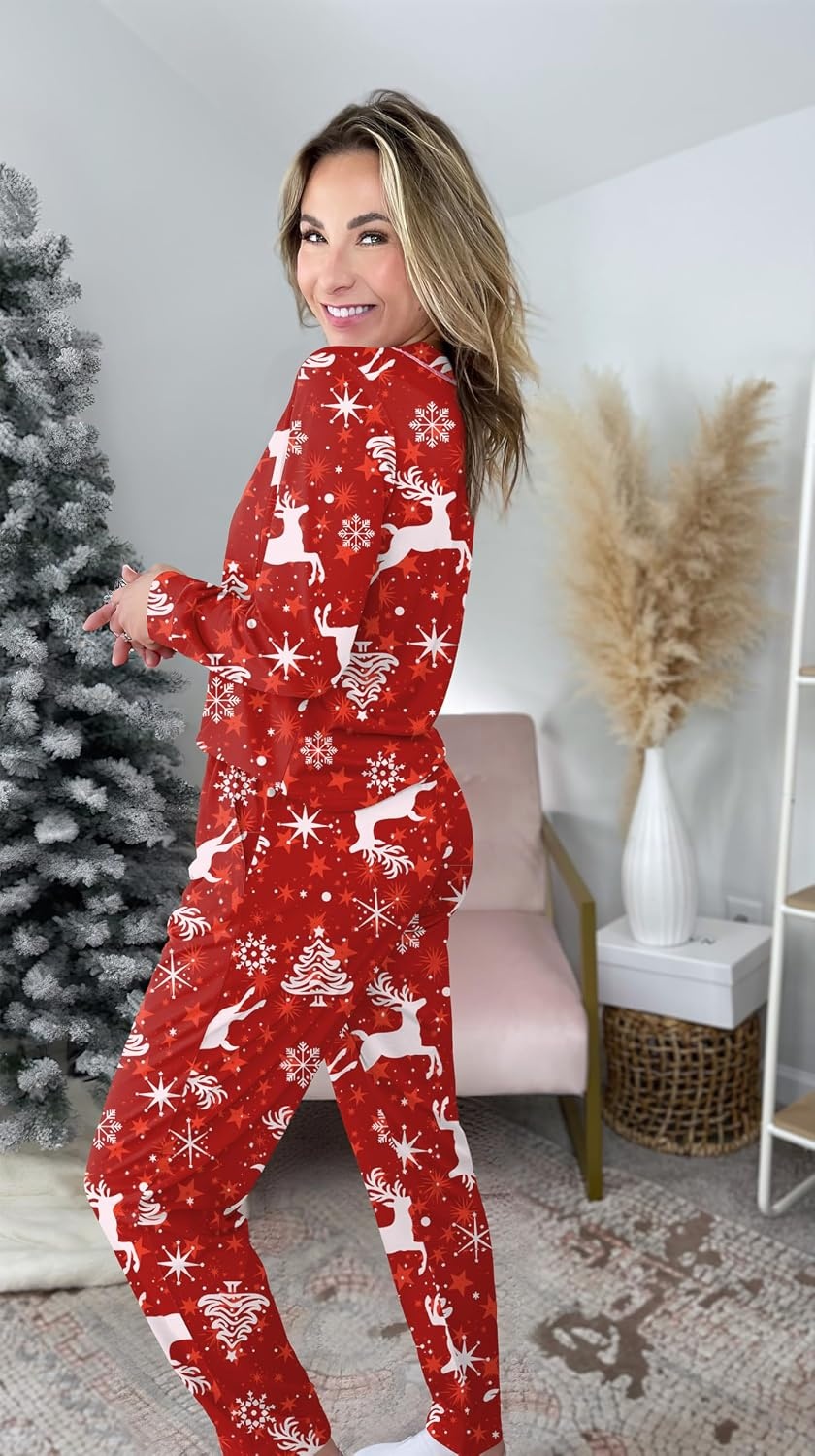 image:imageEkouaer Pajamas Womens Long Sleeve Pj Set Soft 2 Piece Lounge SetsChristmas Reindeer
