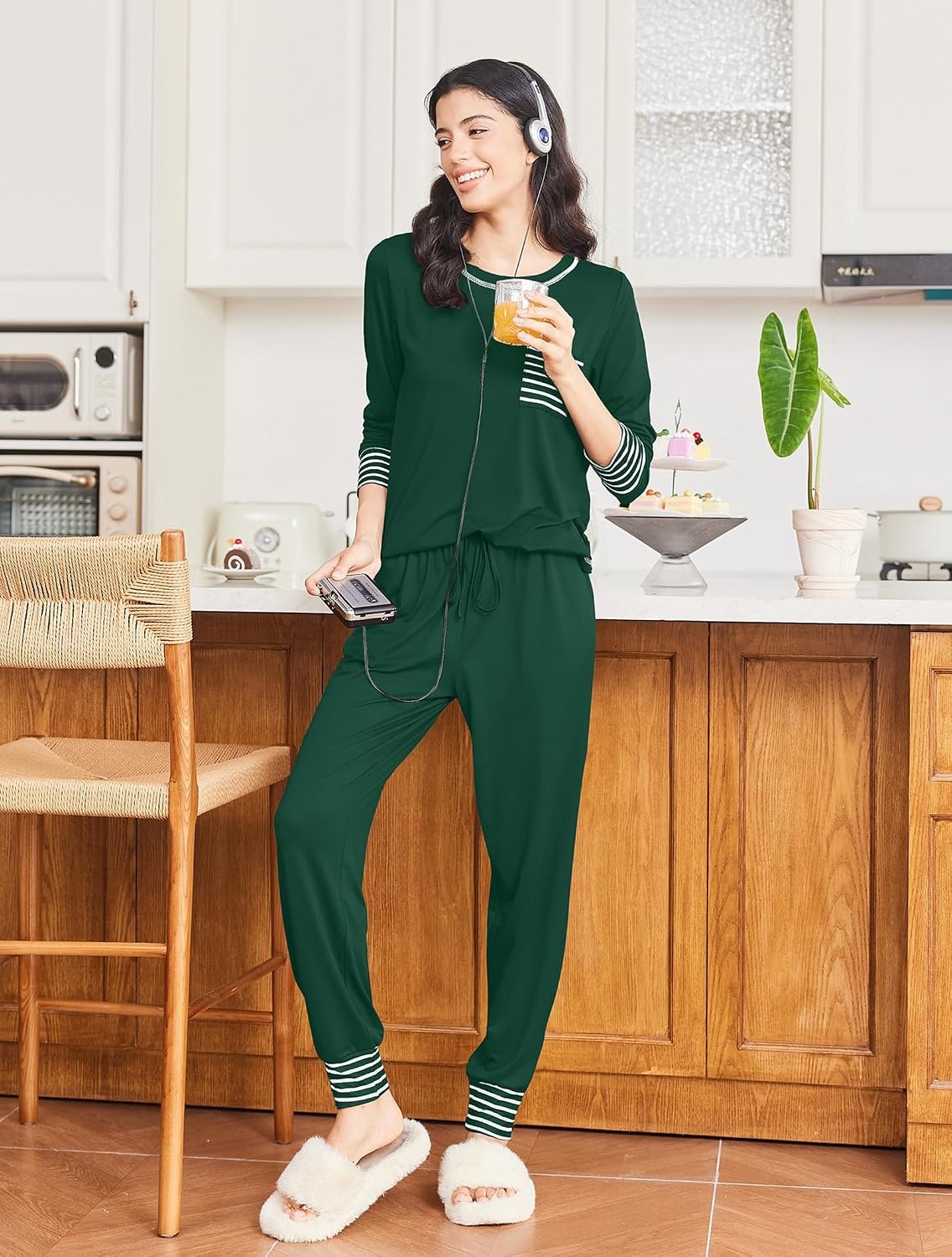 image:imageEkouaer Pajamas Womens Long Sleeve Pj Set Soft 2 Piece Lounge SetsGreen