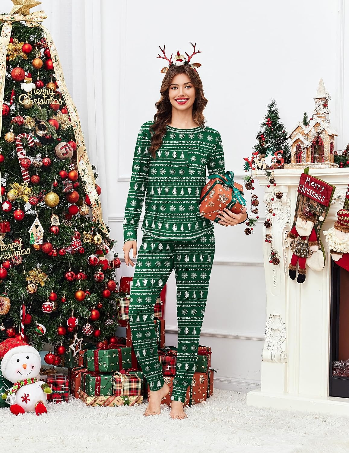 image:imageEkouaer Pajamas Womens Long Sleeve Pj Set Soft 2 Piece Lounge SetsGreen With Christmas Trees