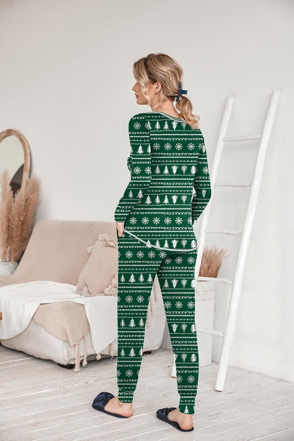image:imageEkouaer Pajamas Womens Long Sleeve Pj Set Soft 2 Piece Lounge SetsGreen With Christmas Trees