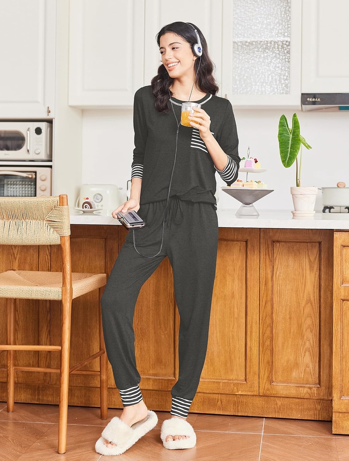 image:imageEkouaer Pajamas Womens Long Sleeve Pj Set Soft 2 Piece Lounge SetsGrey
