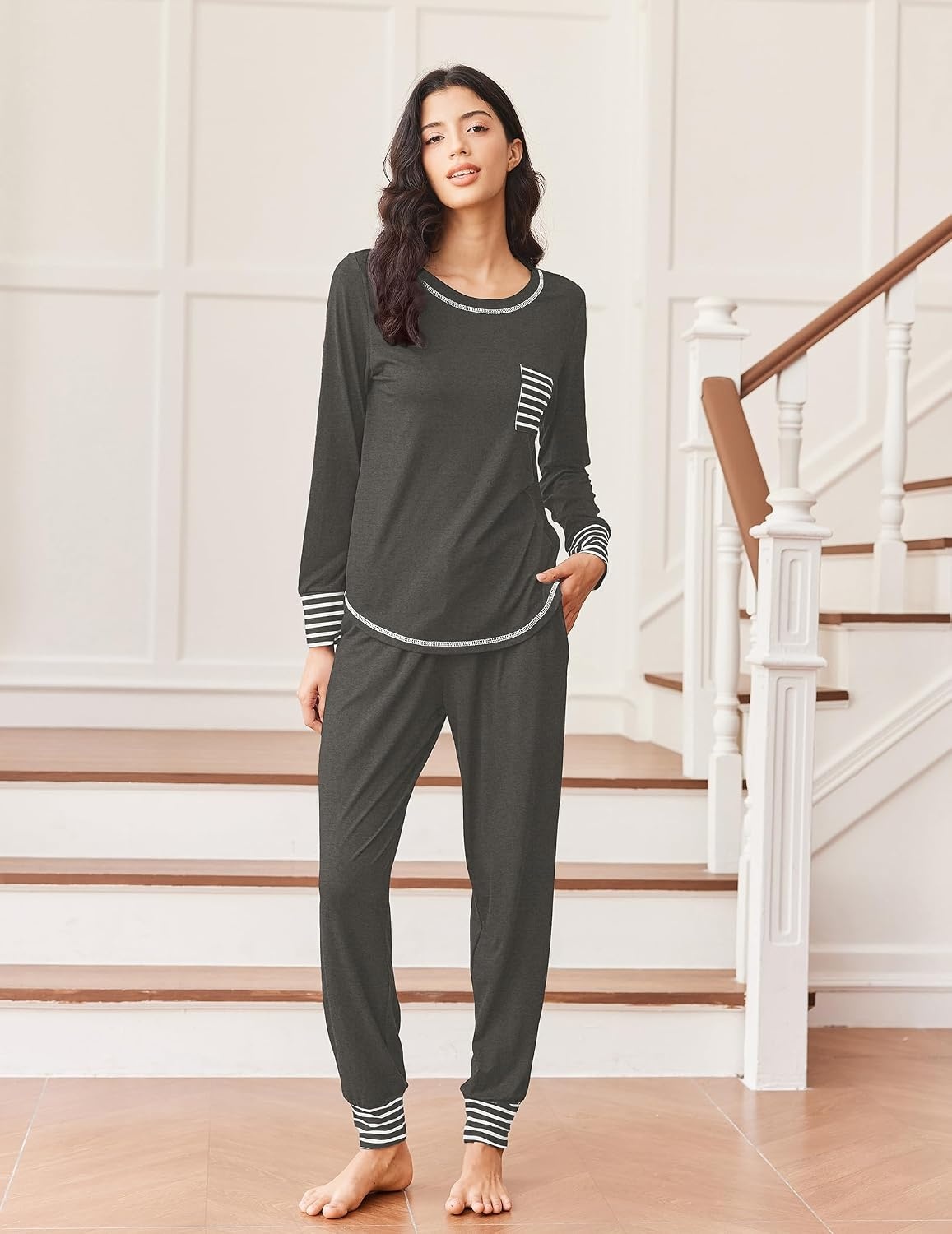 image:imageEkouaer Pajamas Womens Long Sleeve Pj Set Soft 2 Piece Lounge SetsGrey