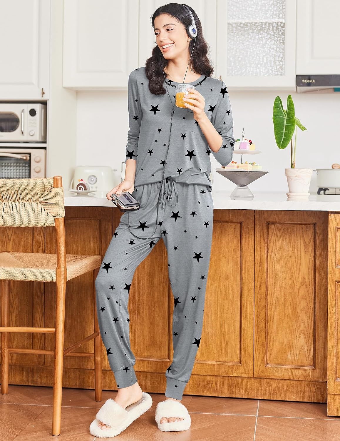 image:imageEkouaer Pajamas Womens Long Sleeve Pj Set Soft 2 Piece Lounge SetsGrey Black Star