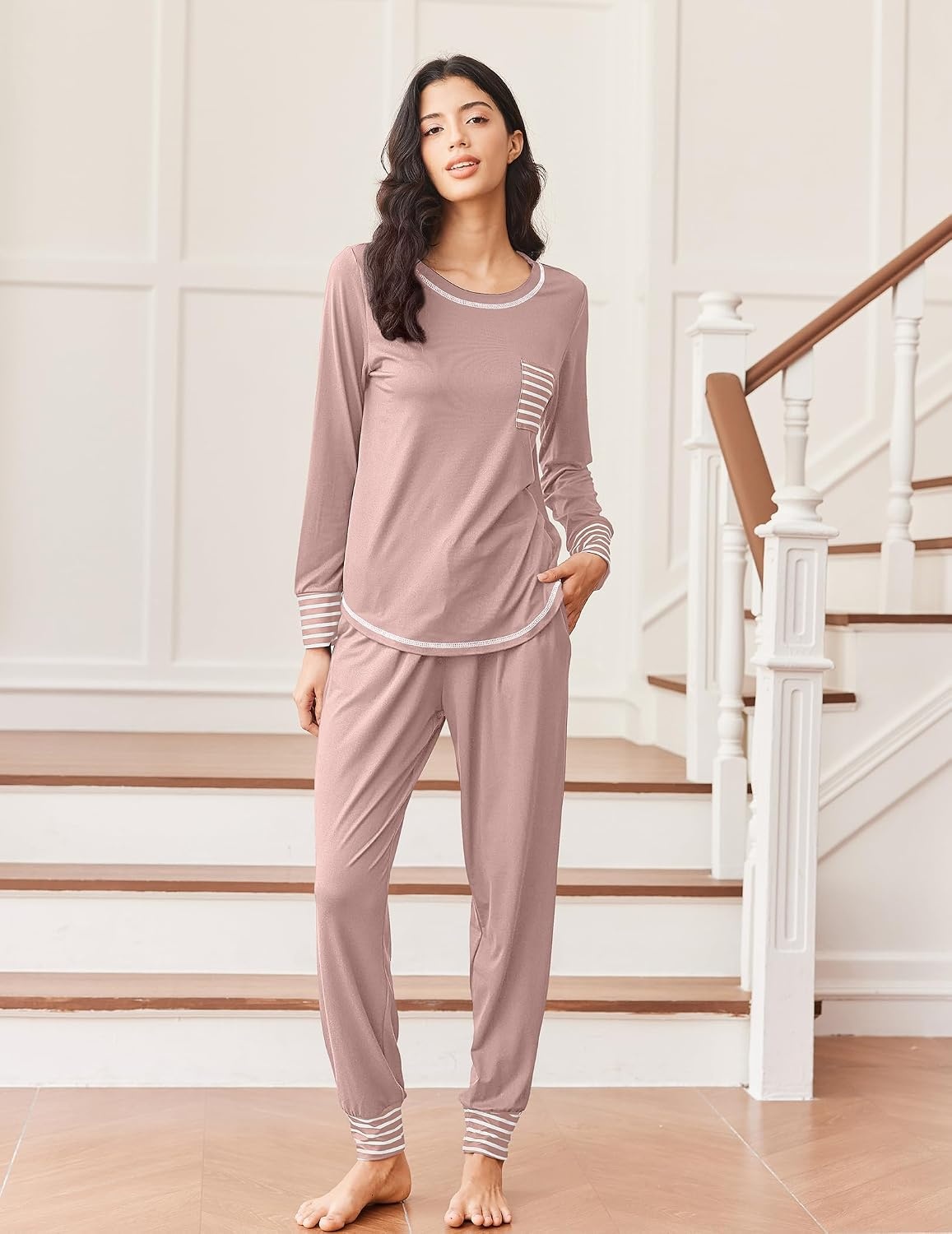 image:imageEkouaer Pajamas Womens Long Sleeve Pj Set Soft 2 Piece Lounge SetsMauve