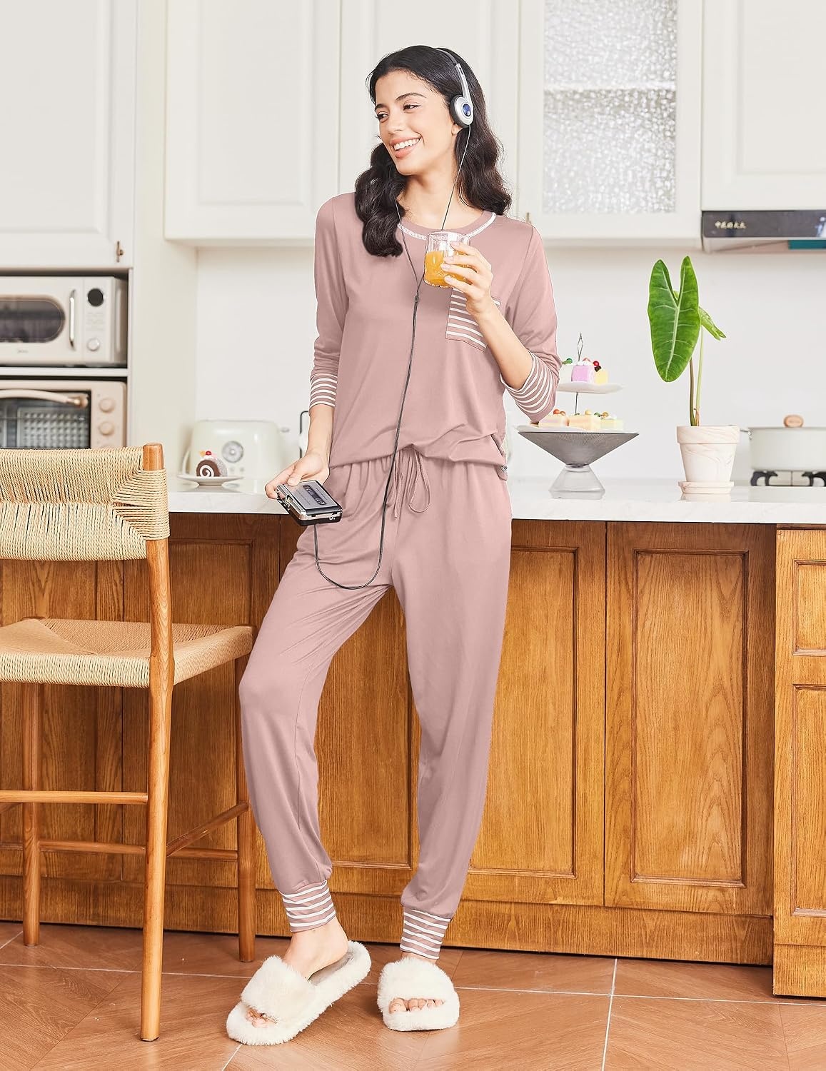 image:imageEkouaer Pajamas Womens Long Sleeve Pj Set Soft 2 Piece Lounge SetsMauve