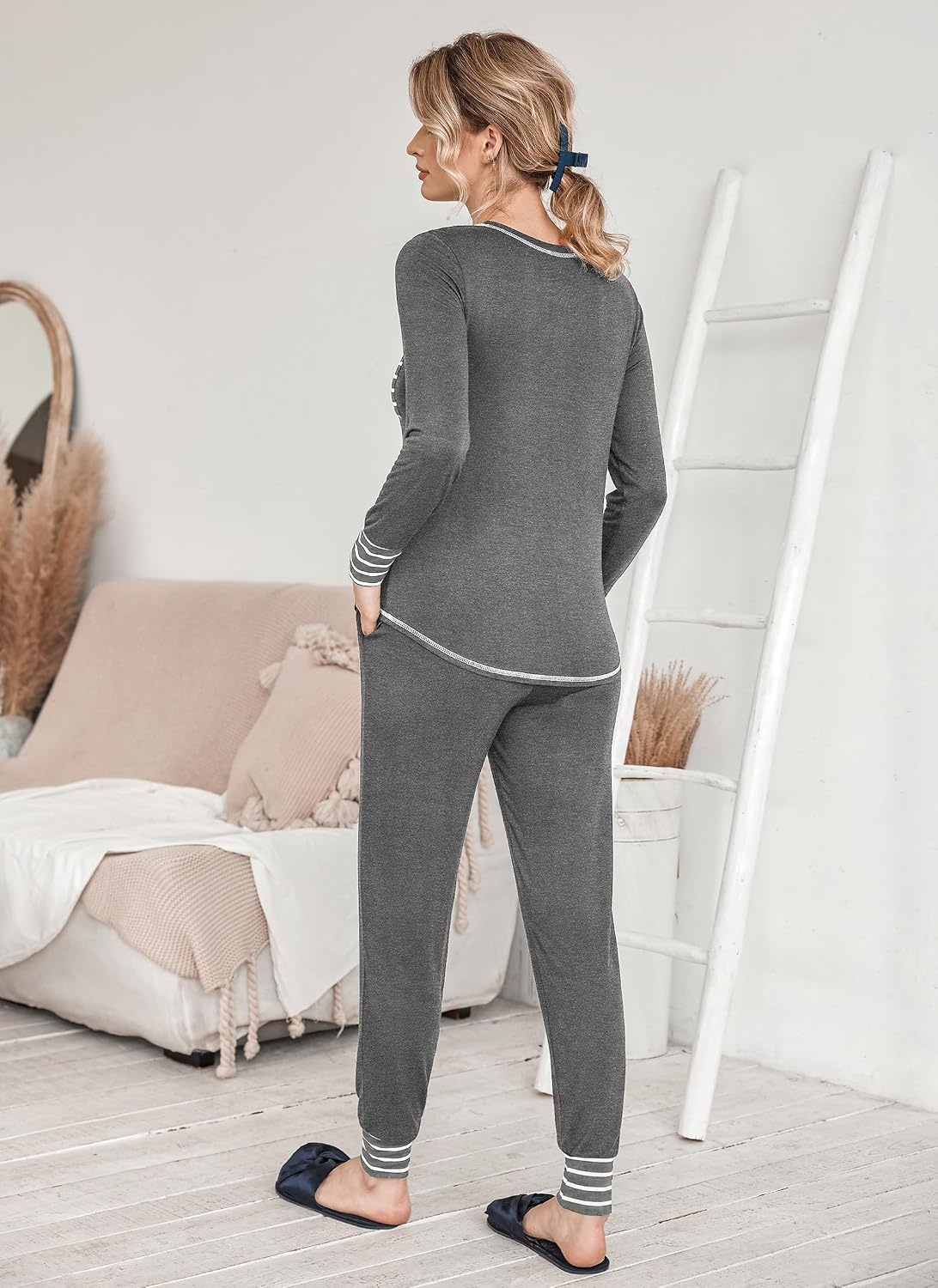 image:imageEkouaer Pajamas Womens Long Sleeve Pj Set Soft 2 Piece Lounge SetsMiddle Grey