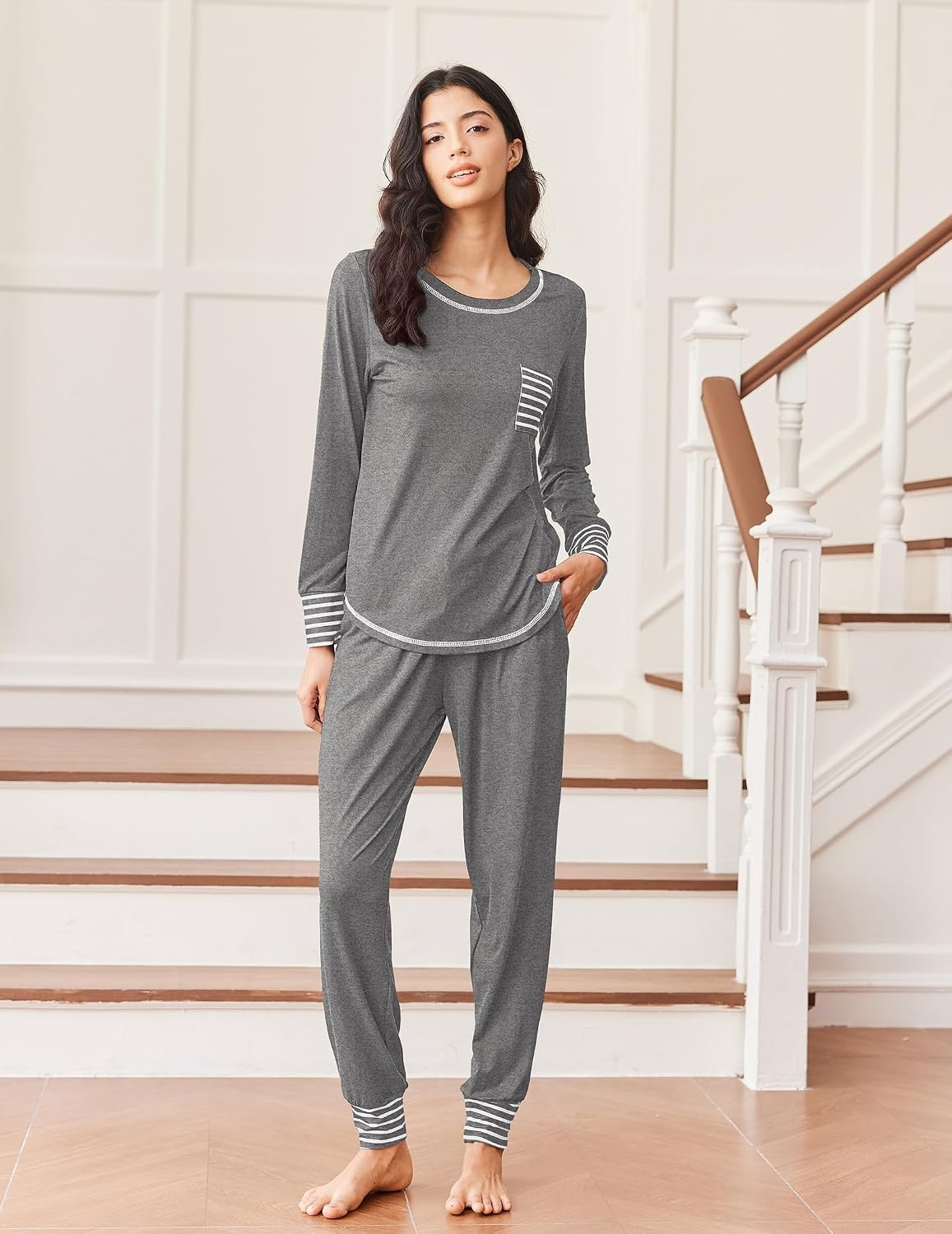 image:imageEkouaer Pajamas Womens Long Sleeve Pj Set Soft 2 Piece Lounge SetsMiddle Grey
