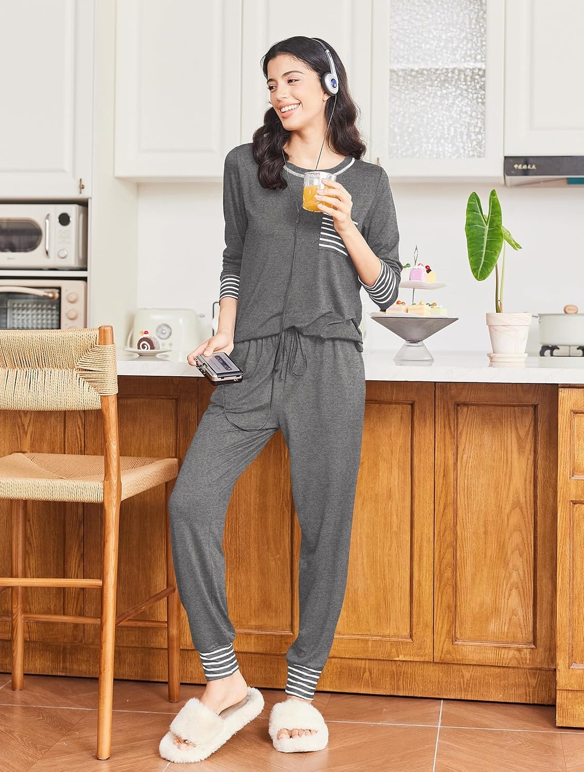 image:imageEkouaer Pajamas Womens Long Sleeve Pj Set Soft 2 Piece Lounge SetsMiddle Grey