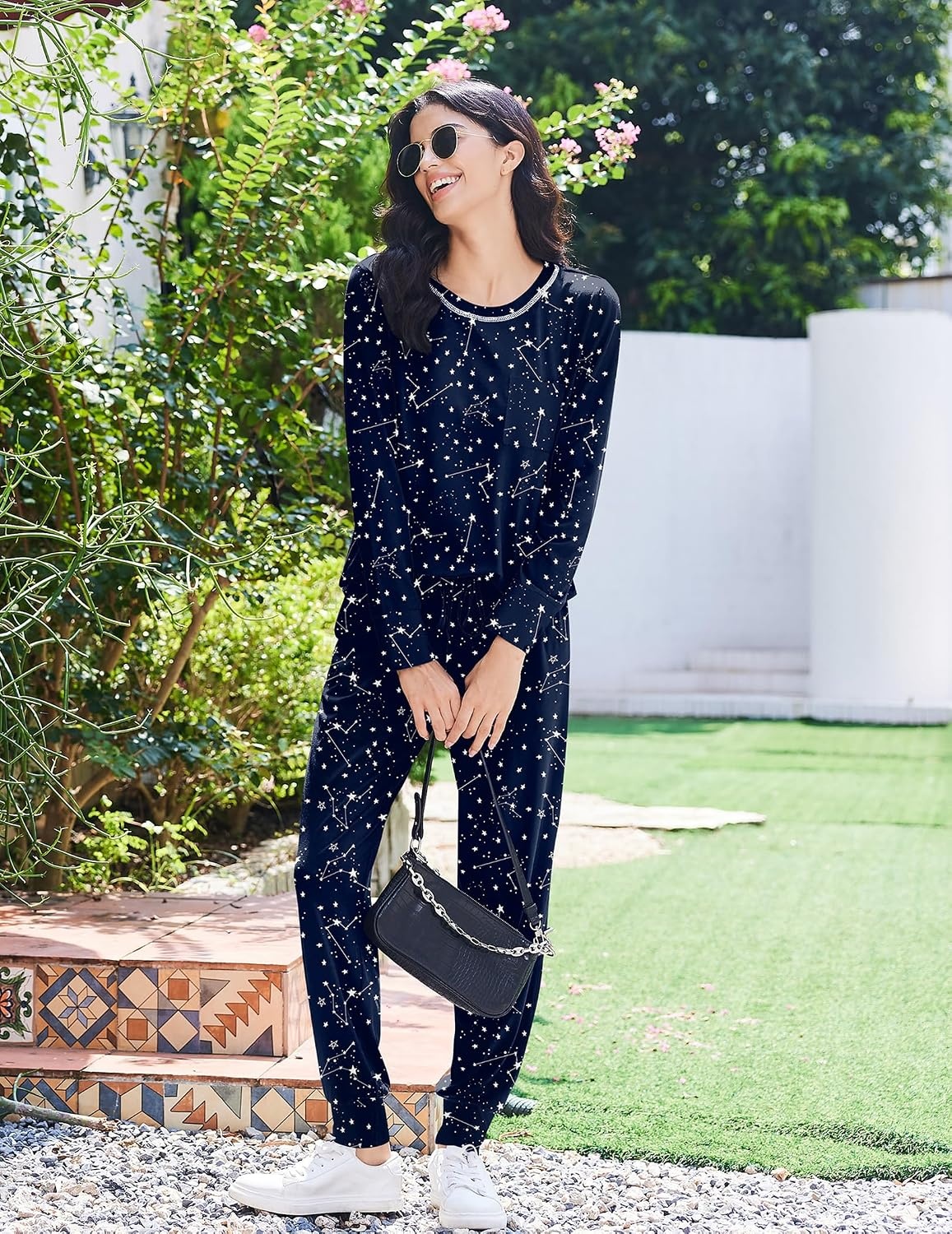 image:imageEkouaer Pajamas Womens Long Sleeve Pj Set Soft 2 Piece Lounge SetsNavy Stars