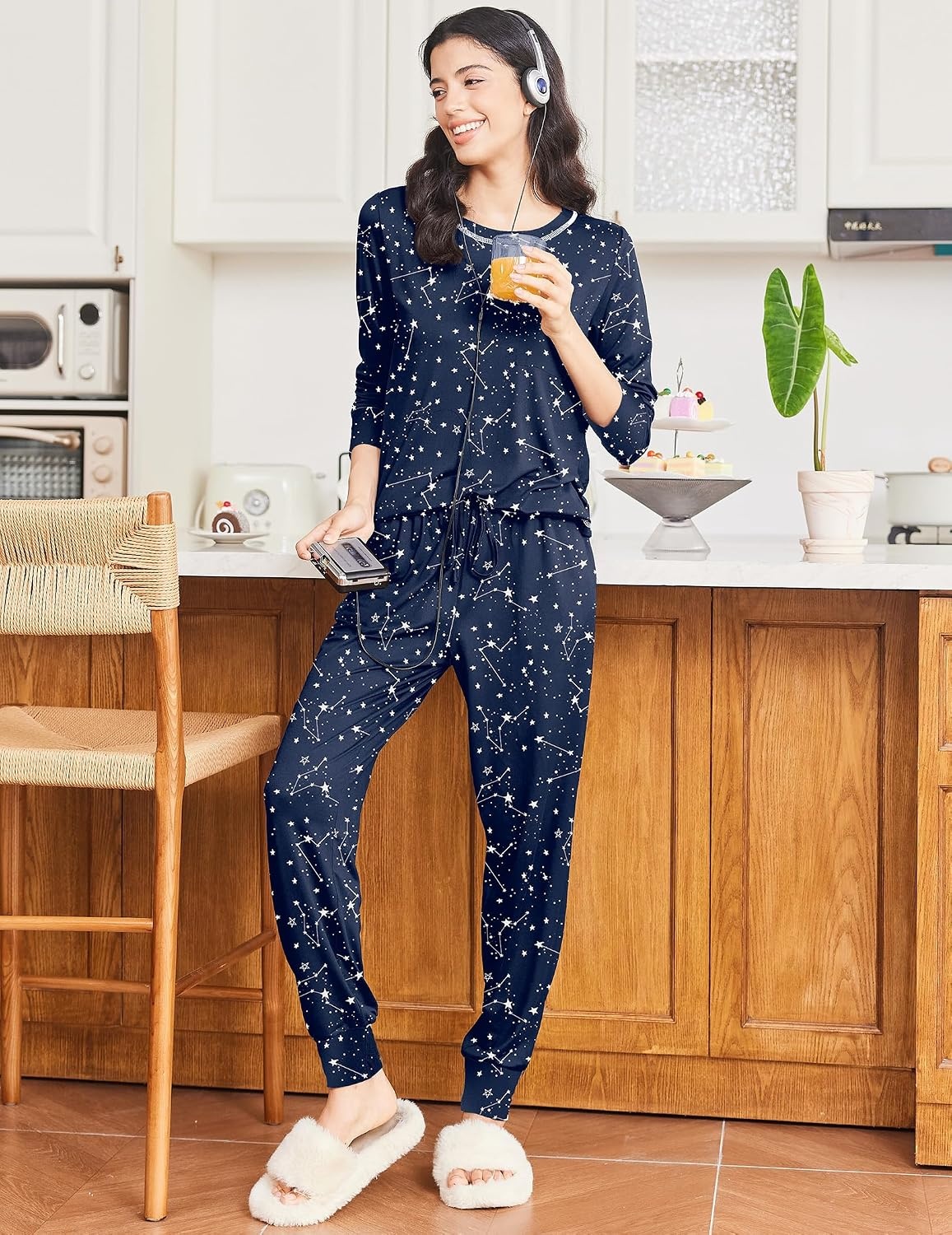 image:imageEkouaer Pajamas Womens Long Sleeve Pj Set Soft 2 Piece Lounge SetsNavy Stars