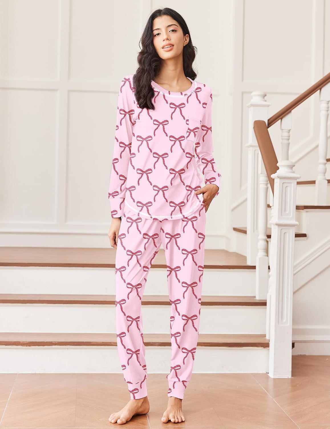 image:imageEkouaer Pajamas Womens Long Sleeve Pj Set Soft 2 Piece Lounge SetsPink Bow