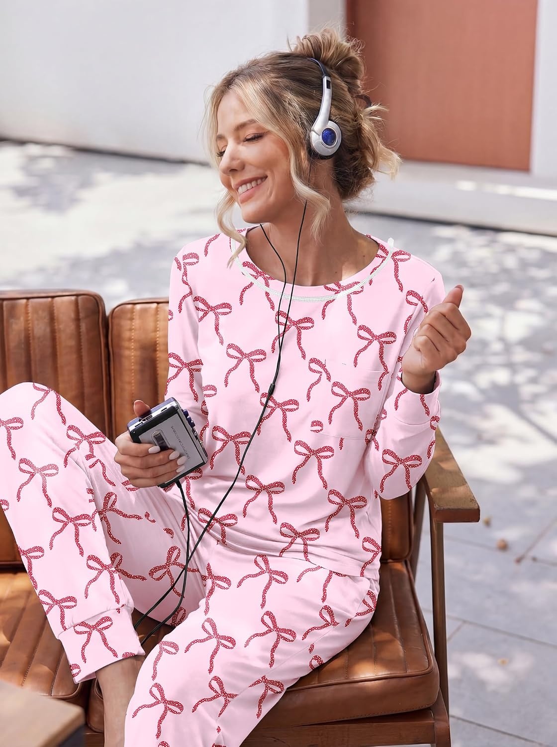 image:imageEkouaer Pajamas Womens Long Sleeve Pj Set Soft 2 Piece Lounge SetsPink Bow