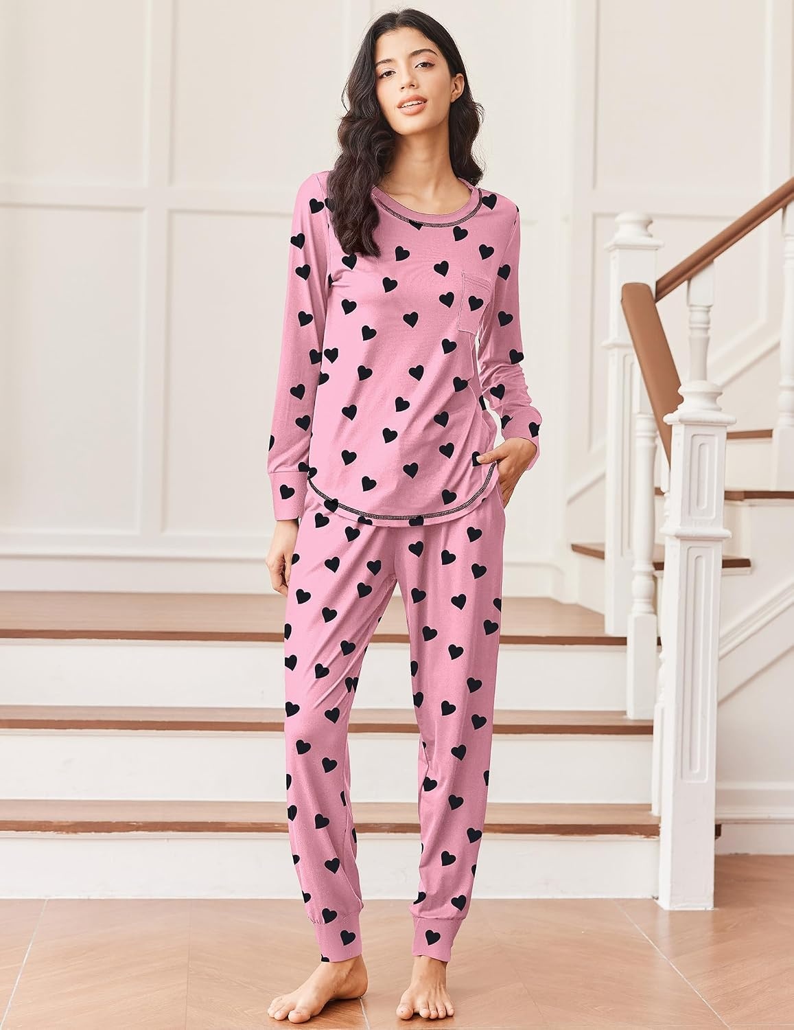 image:imageEkouaer Pajamas Womens Long Sleeve Pj Set Soft 2 Piece Lounge SetsPink Hearts