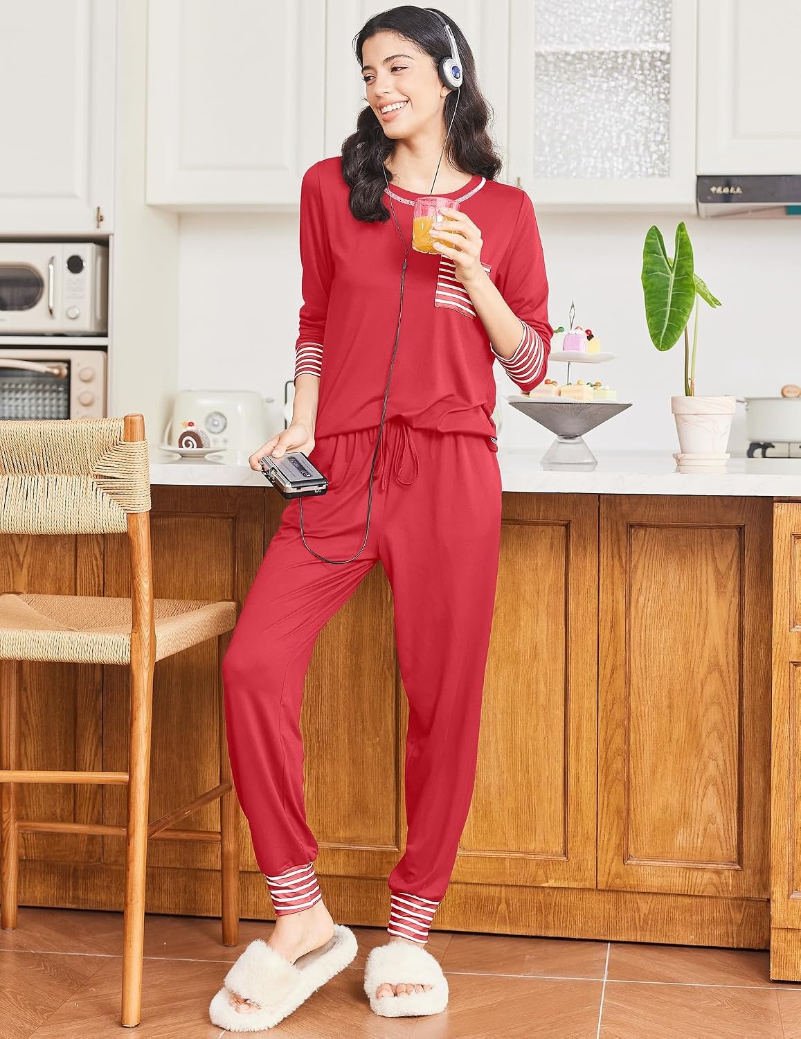 image:imageEkouaer Pajamas Womens Long Sleeve Pj Set Soft 2 Piece Lounge SetsRed