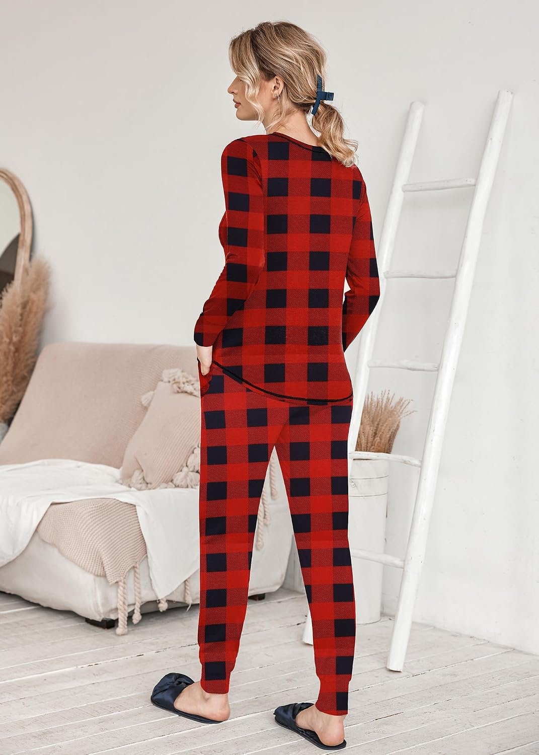 image:imageEkouaer Pajamas Womens Long Sleeve Pj Set Soft 2 Piece Lounge SetsRed and Black Plaid