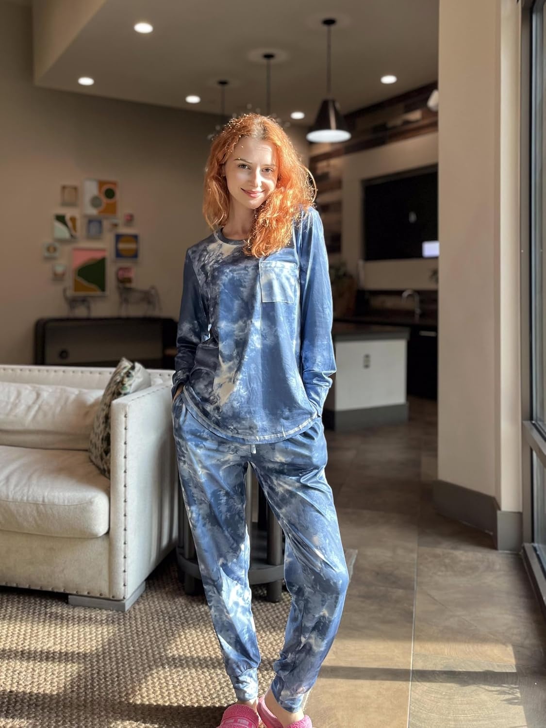 image:imageEkouaer Pajamas Womens Long Sleeve Pj Set Soft 2 Piece Lounge SetsTie Dye Blue