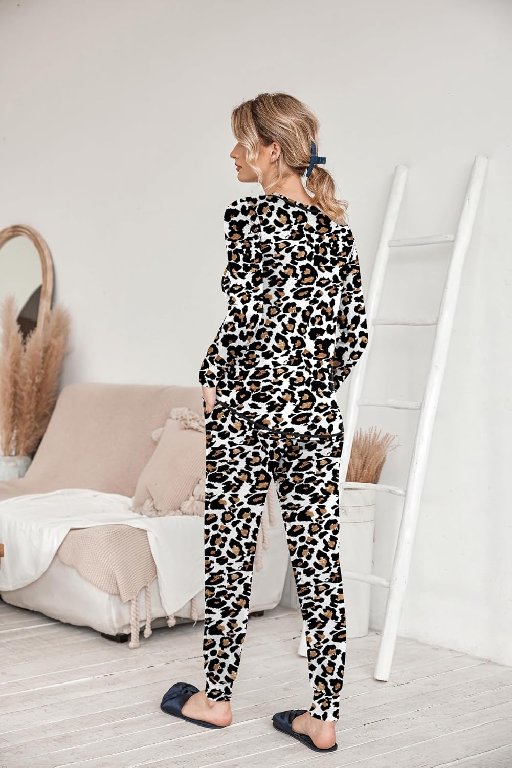 image:imageEkouaer Pajamas Womens Long Sleeve Pj Set Soft 2 Piece Lounge SetsWhite Leopard