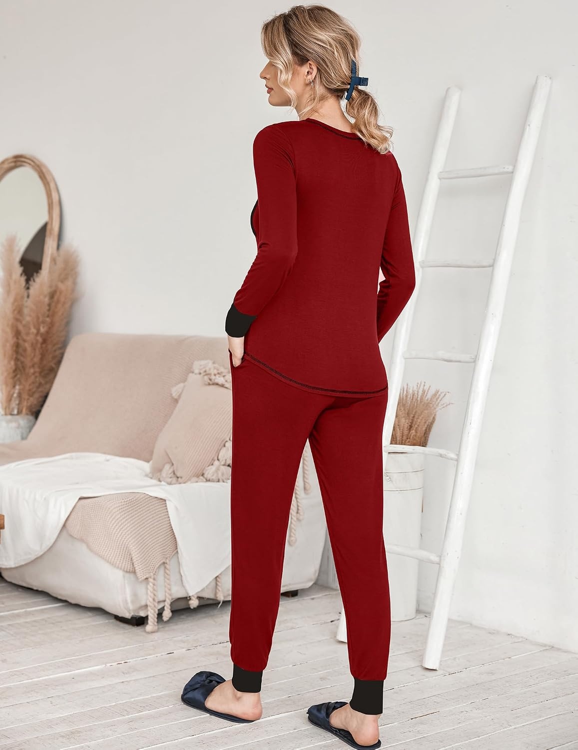 image:imageEkouaer Pajamas Womens Long Sleeve Pj Set Soft 2 Piece Lounge SetsWine Red