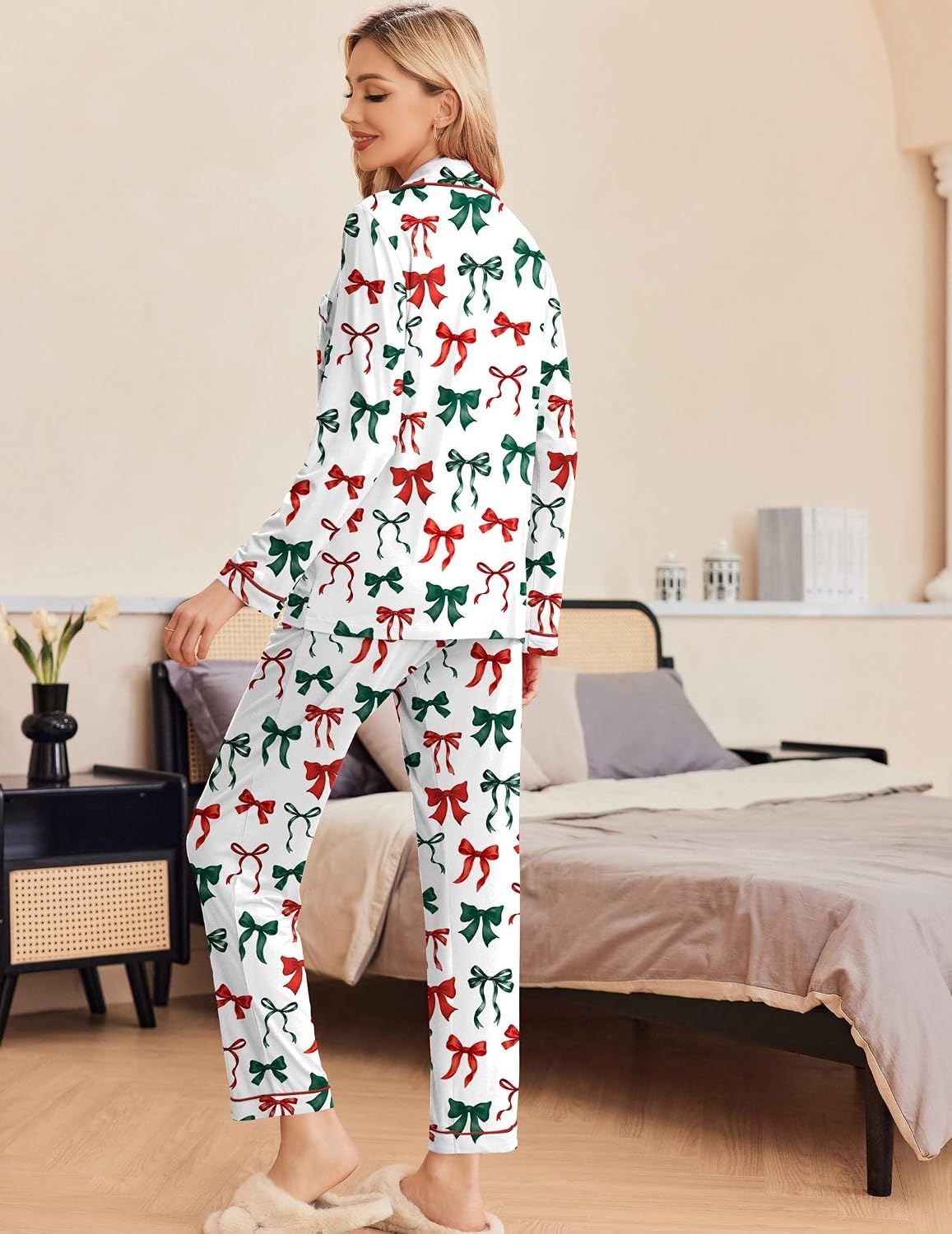 image:imageEkouaer Pajamas Womens Long Sleeve Sleepwear Button Down Loungewear Pjs SetBow Red Green