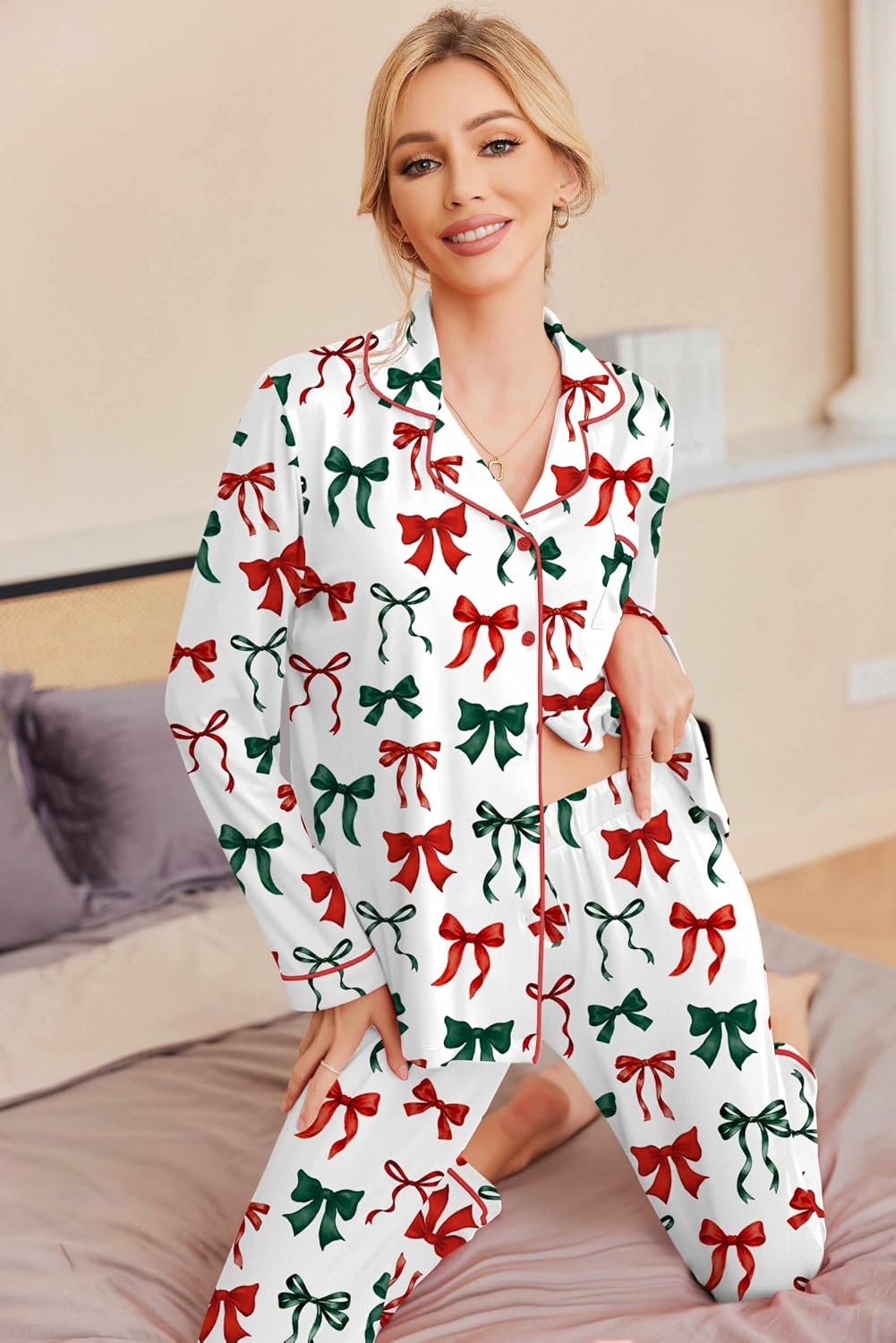 image:imageEkouaer Pajamas Womens Long Sleeve Sleepwear Button Down Loungewear Pjs SetBow Red Green