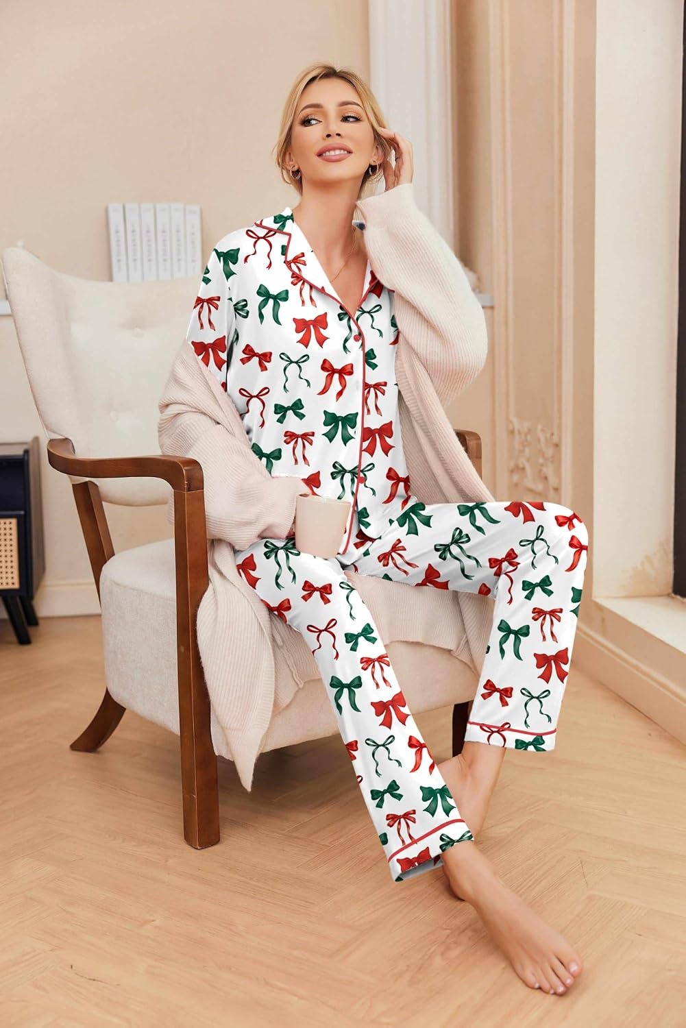 image:imageEkouaer Pajamas Womens Long Sleeve Sleepwear Button Down Loungewear Pjs SetBow Red Green