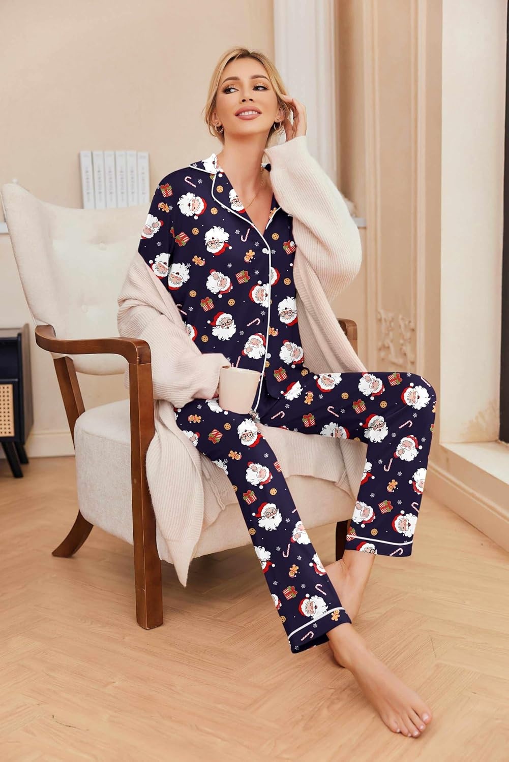 image:imageEkouaer Pajamas Womens Long Sleeve Sleepwear Button Down Loungewear Pjs SetChristmas Navy Santa