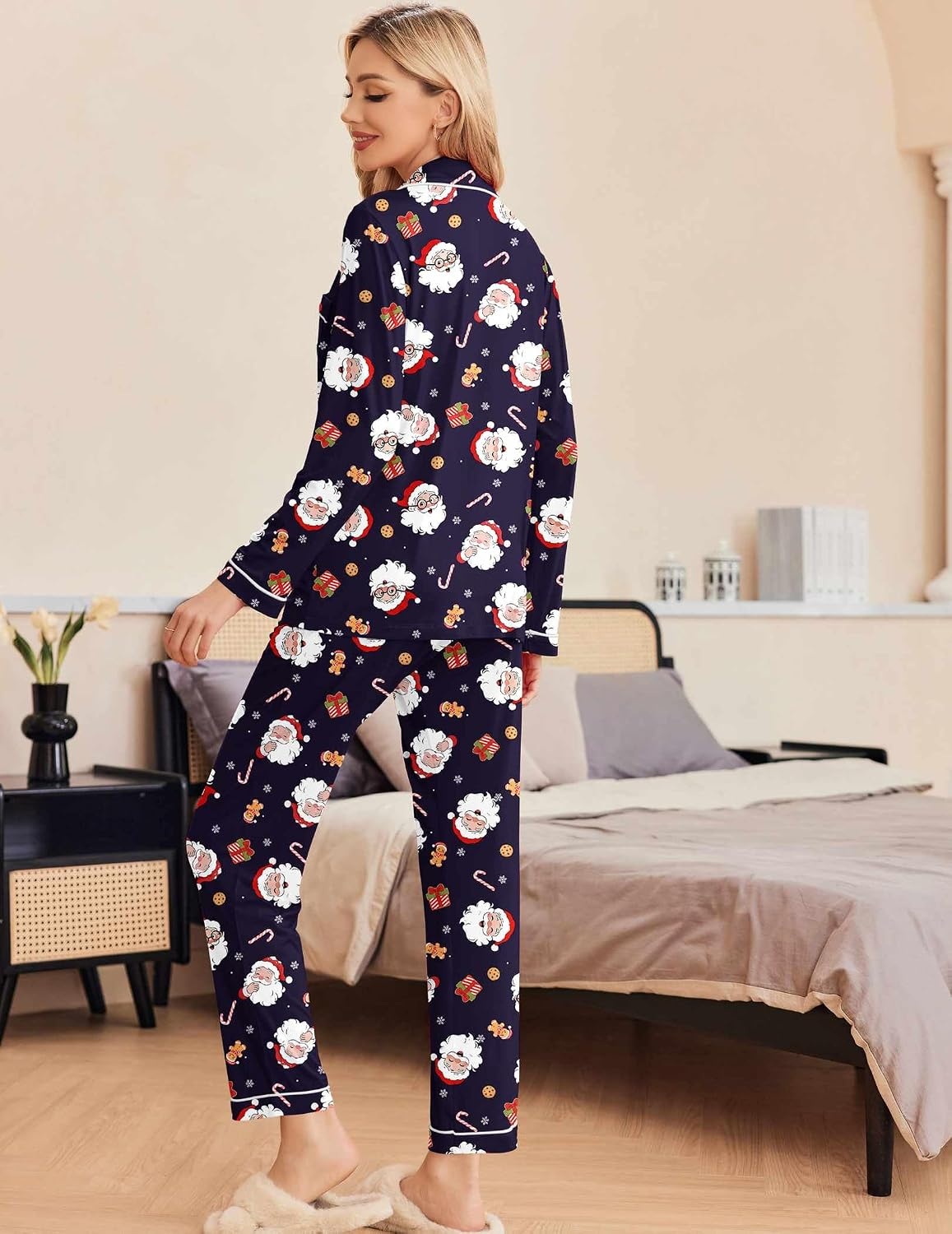 image:imageEkouaer Pajamas Womens Long Sleeve Sleepwear Button Down Loungewear Pjs SetChristmas Navy Santa