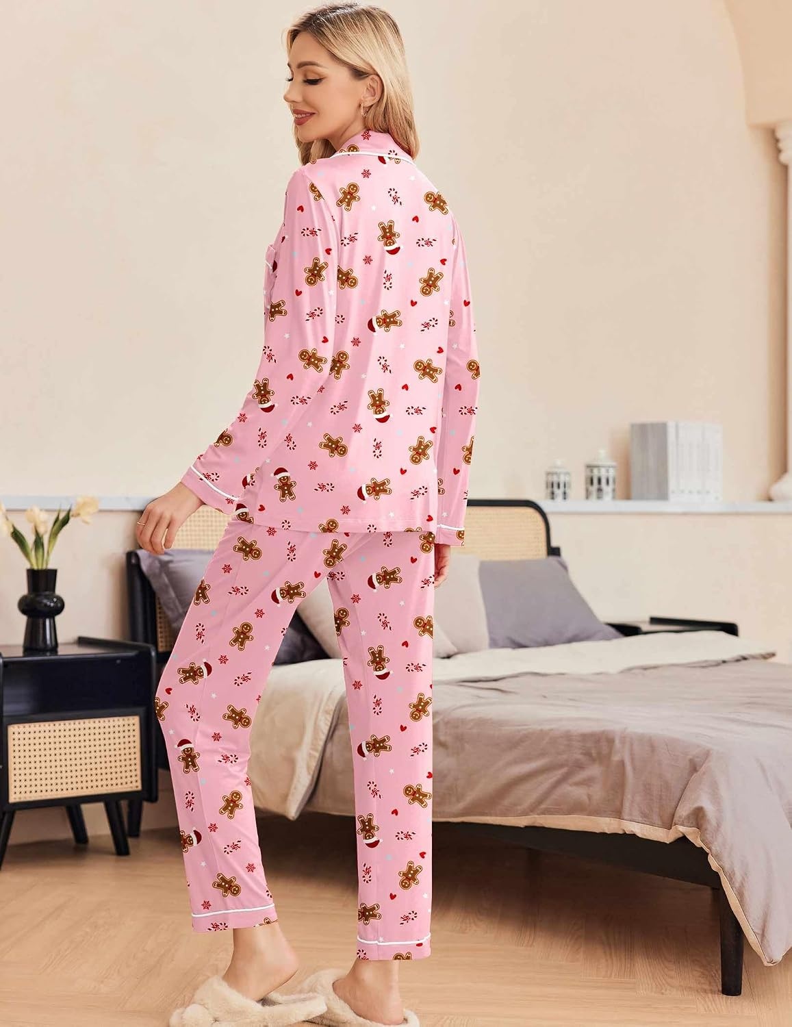 image:imageEkouaer Pajamas Womens Long Sleeve Sleepwear Button Down Loungewear Pjs SetChristmas Pink Gingerbread Man