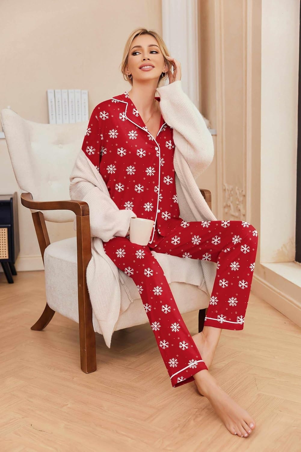 image:imageEkouaer Pajamas Womens Long Sleeve Sleepwear Button Down Loungewear Pjs SetChristmas Red Snowflake