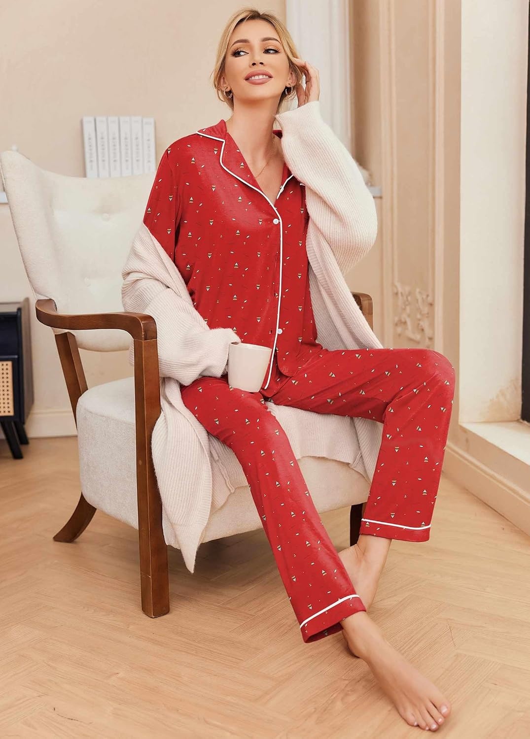 image:imageEkouaer Pajamas Womens Long Sleeve Sleepwear Button Down Loungewear Pjs SetChristmas Red Tree