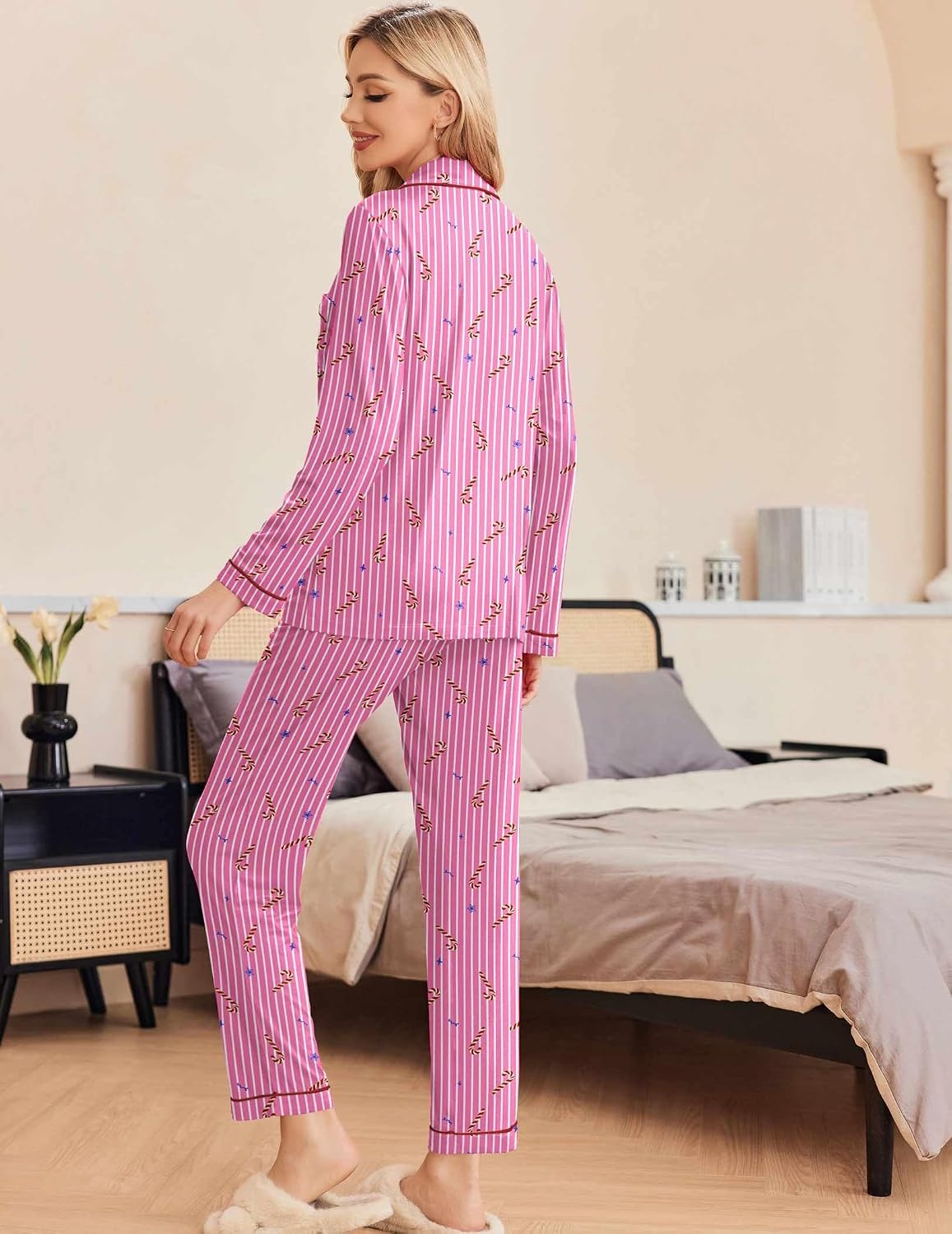 image:imageEkouaer Pajamas Womens Long Sleeve Sleepwear Button Down Loungewear Pjs SetChristmas Rose Striped