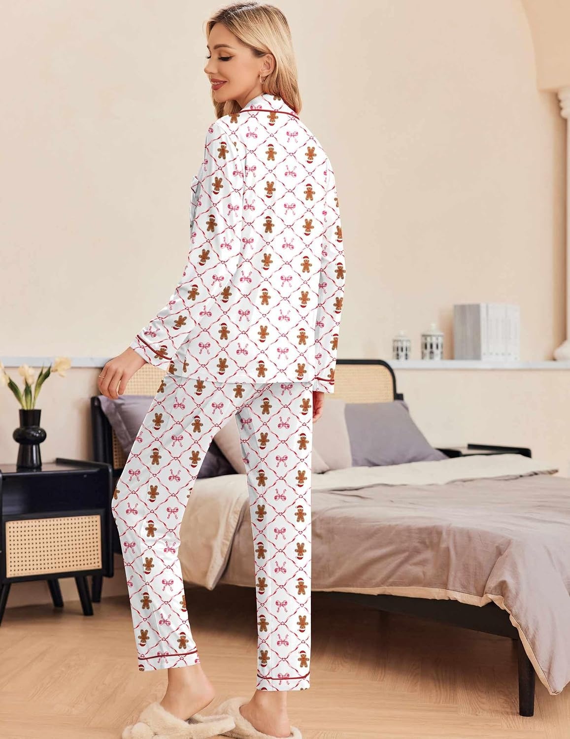 image:imageEkouaer Pajamas Womens Long Sleeve Sleepwear Button Down Loungewear Pjs SetChristmas White Gingerbread Man