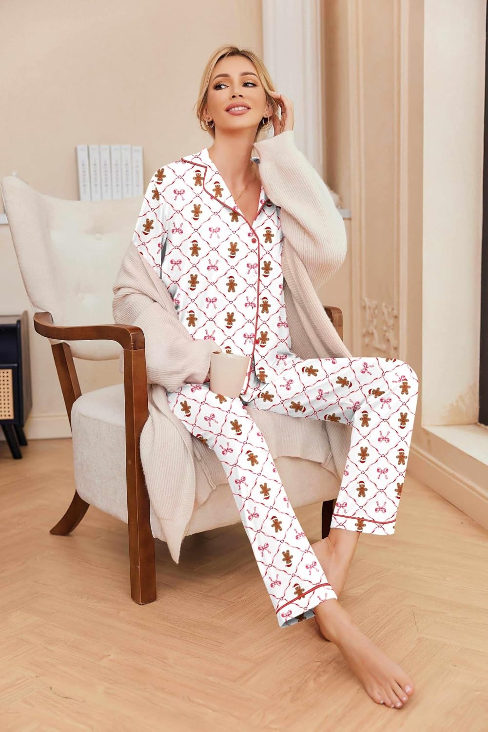 image:imageEkouaer Pajamas Womens Long Sleeve Sleepwear Button Down Loungewear Pjs SetChristmas White Gingerbread Man