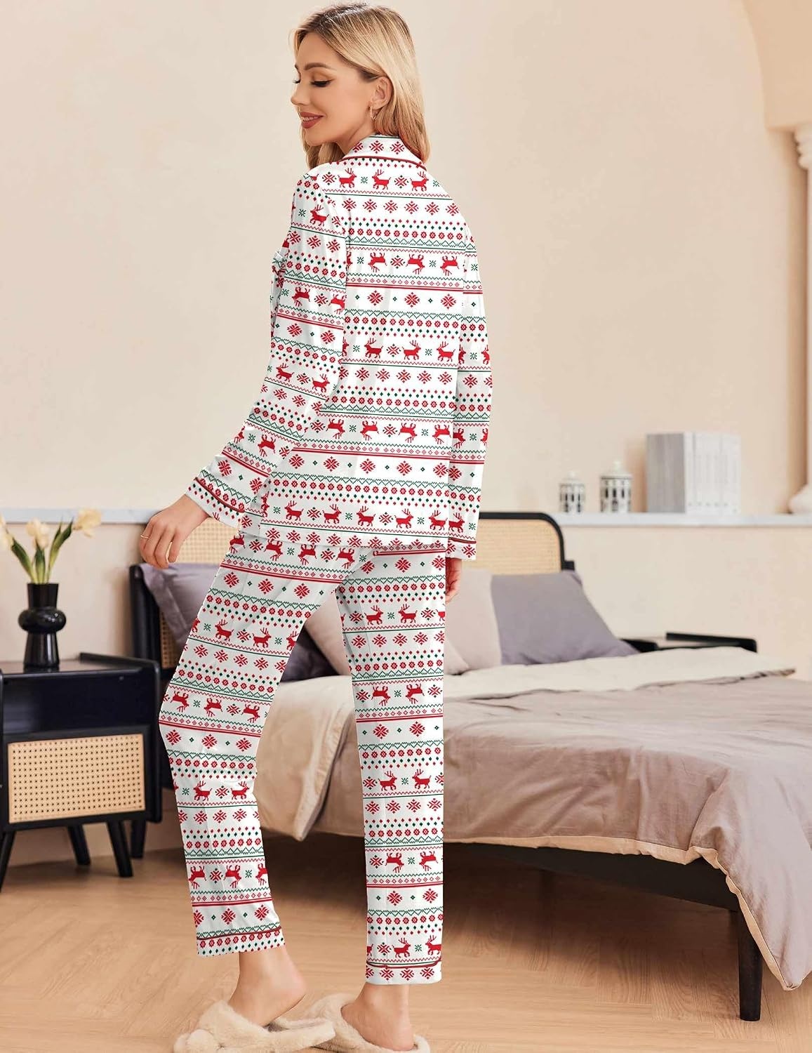 image:imageEkouaer Pajamas Womens Long Sleeve Sleepwear Button Down Loungewear Pjs SetChristmas White Red