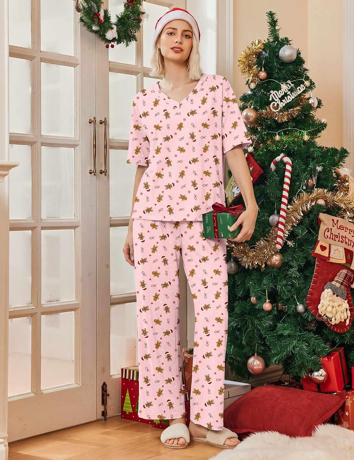 image:imageEkouaer Womens Pajama Sets Cotton Short Sleeve Long Pants Lounge SetChristmas Pink