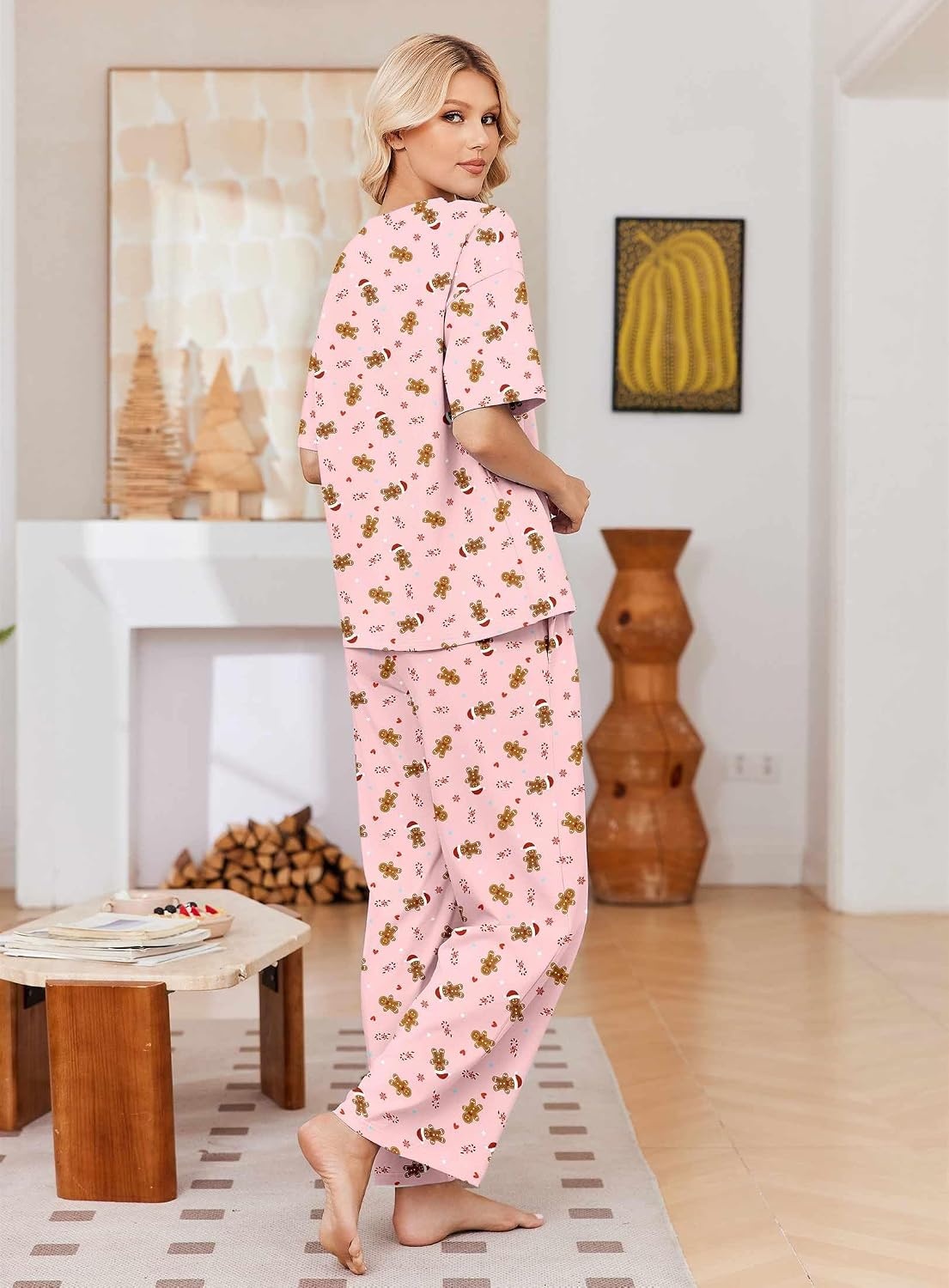 image:imageEkouaer Womens Pajama Sets Cotton Short Sleeve Long Pants Lounge SetChristmas Pink
