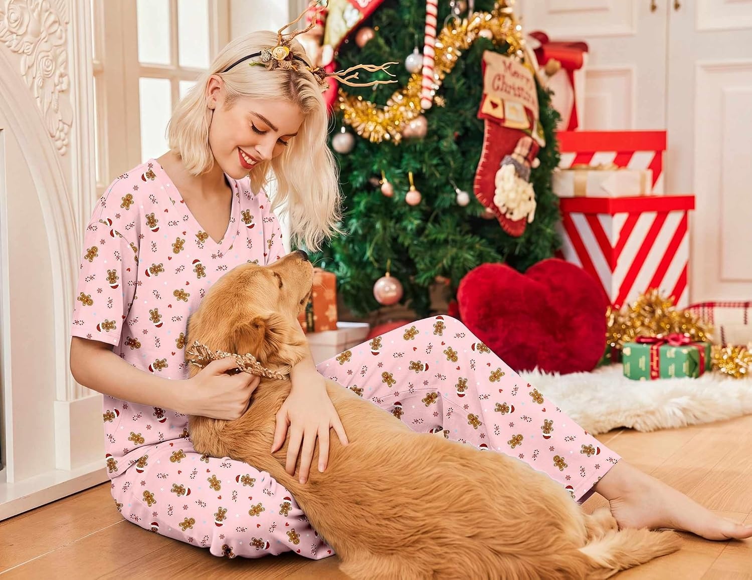 image:imageEkouaer Womens Pajama Sets Cotton Short Sleeve Long Pants Lounge SetChristmas Pink