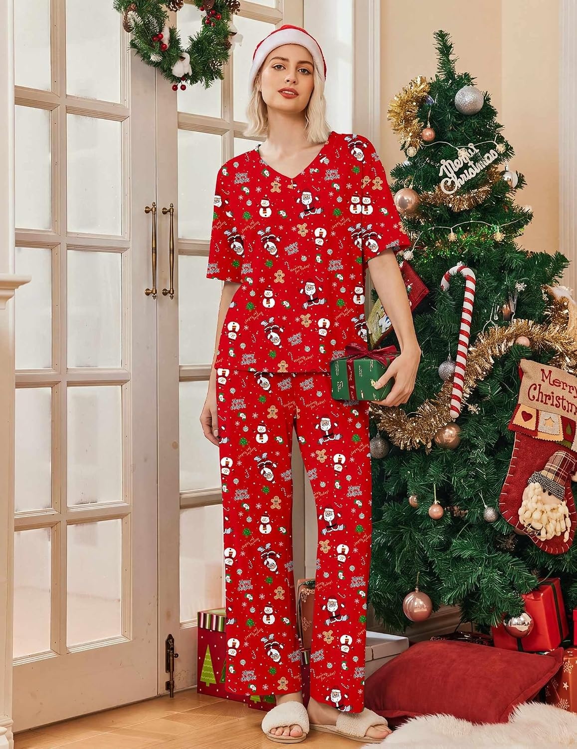 image:imageEkouaer Womens Pajama Sets Cotton Short Sleeve Long Pants Lounge SetChristmas Red