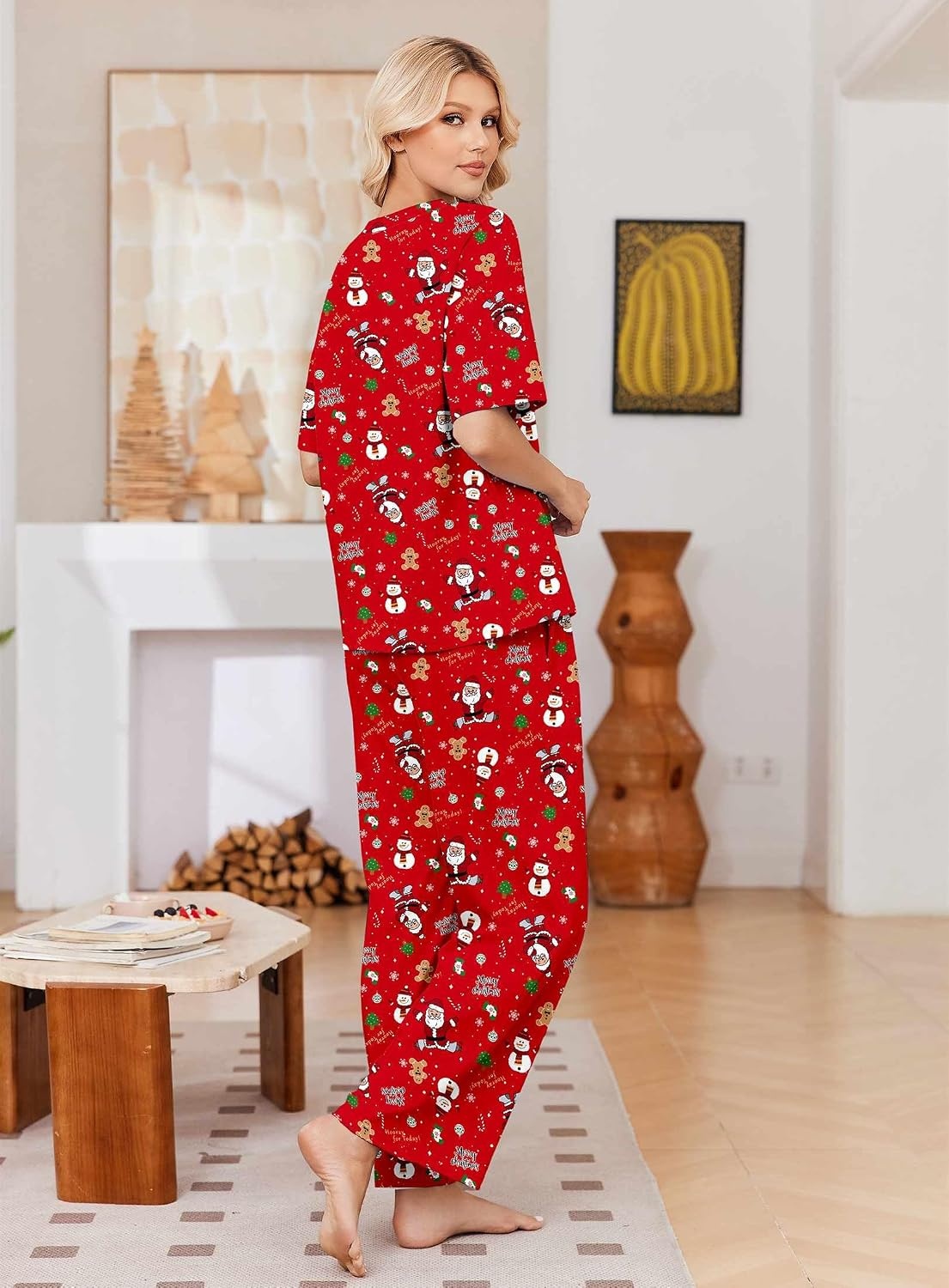 image:imageEkouaer Womens Pajama Sets Cotton Short Sleeve Long Pants Lounge SetChristmas Red