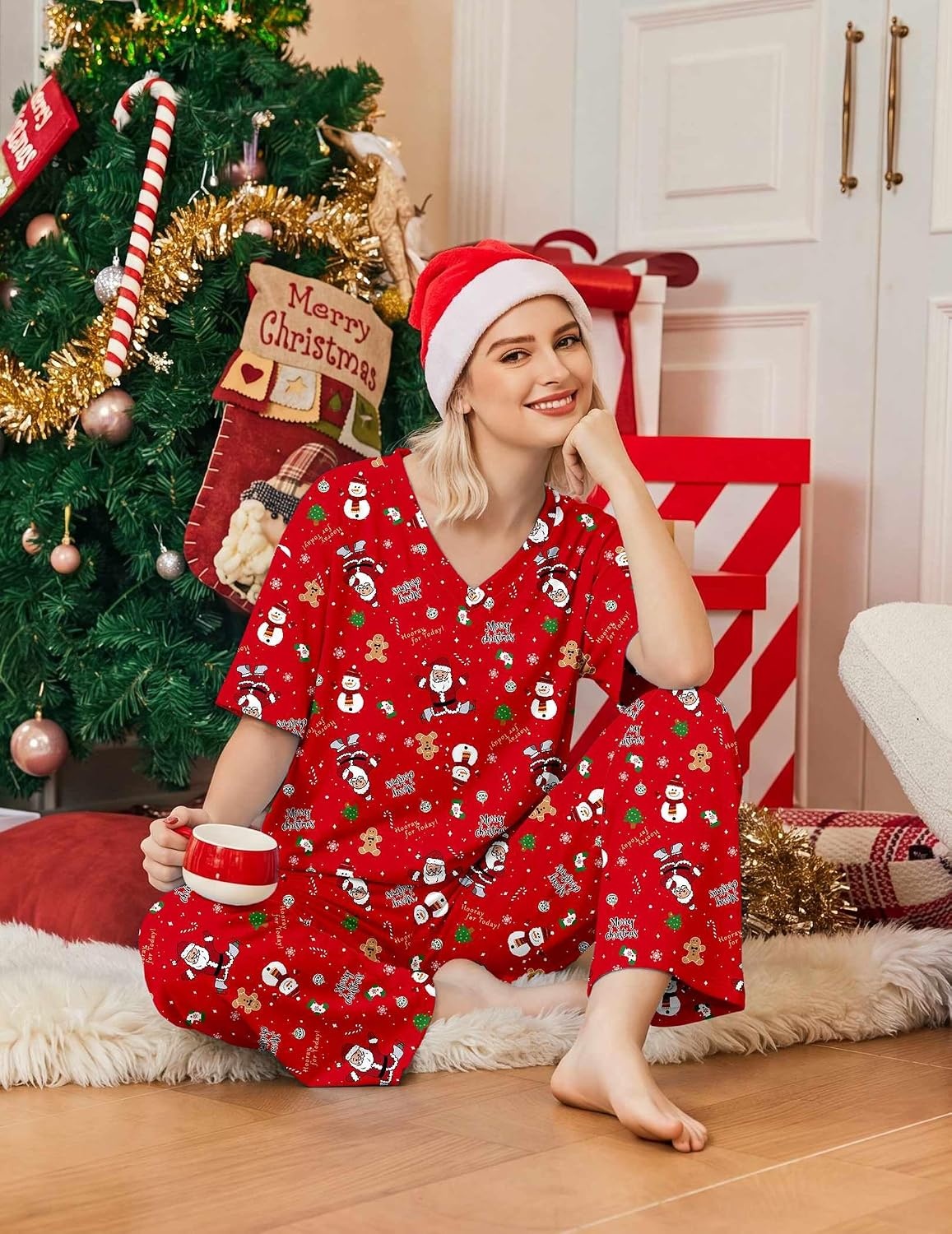 image:imageEkouaer Womens Pajama Sets Cotton Short Sleeve Long Pants Lounge SetChristmas Red