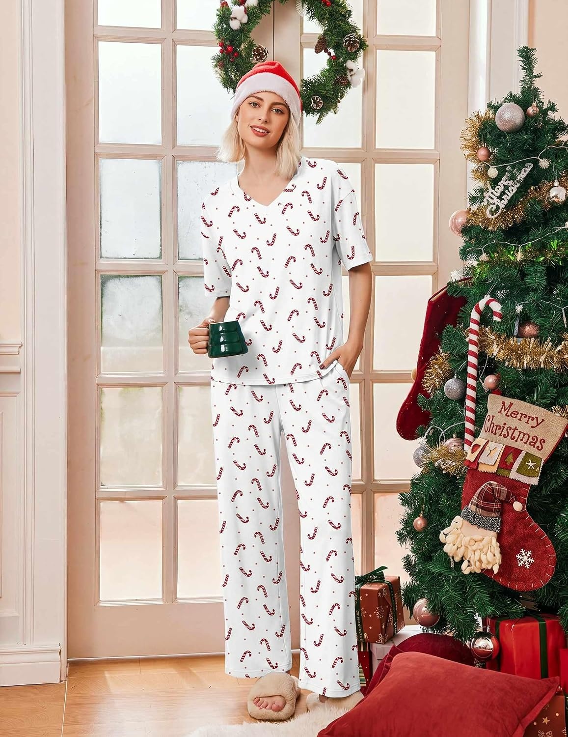 image:imageEkouaer Womens Pajama Sets Cotton Short Sleeve Long Pants Lounge SetChristmas White