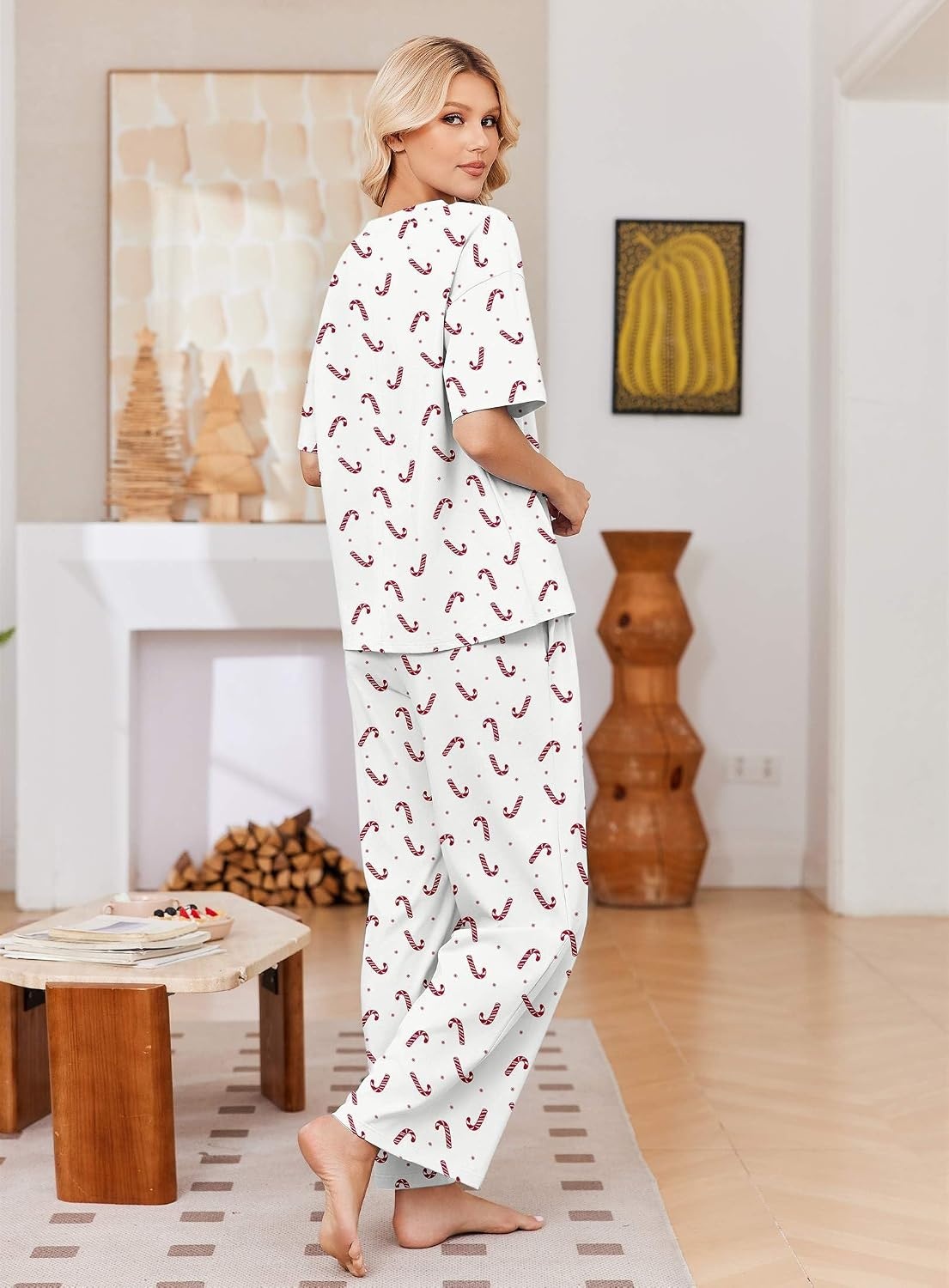 image:imageEkouaer Womens Pajama Sets Cotton Short Sleeve Long Pants Lounge SetChristmas White