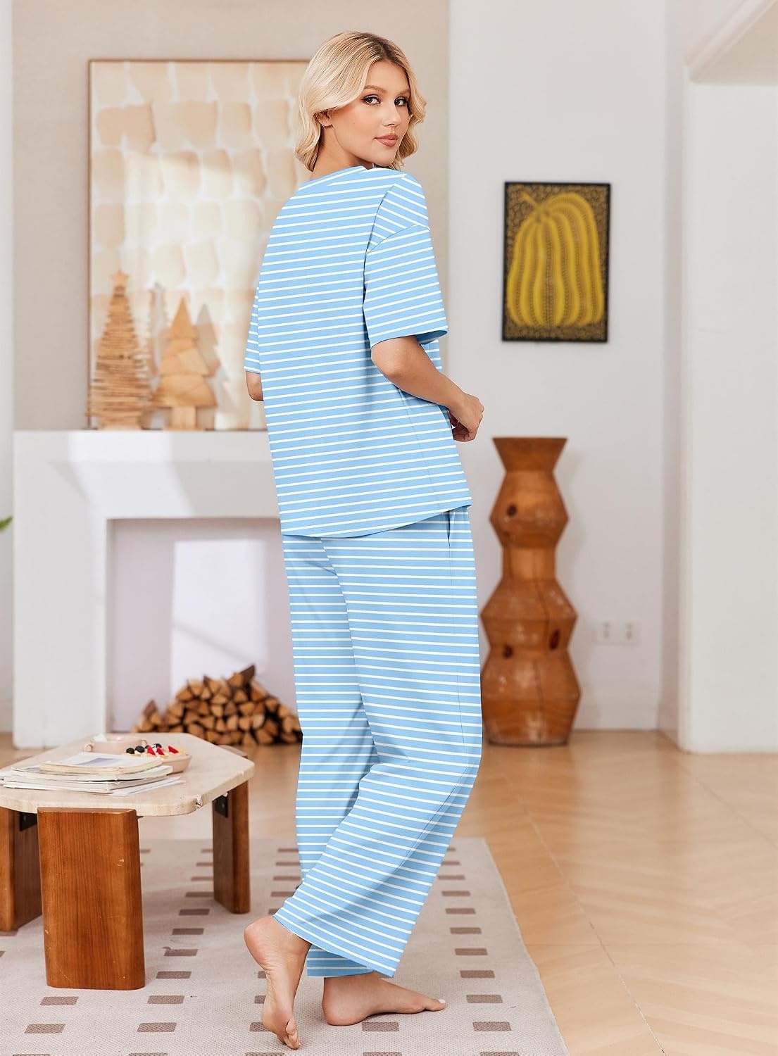 image:imageEkouaer Womens Pajama Sets Cotton Short Sleeve Long Pants Lounge SetLight Blue Striped