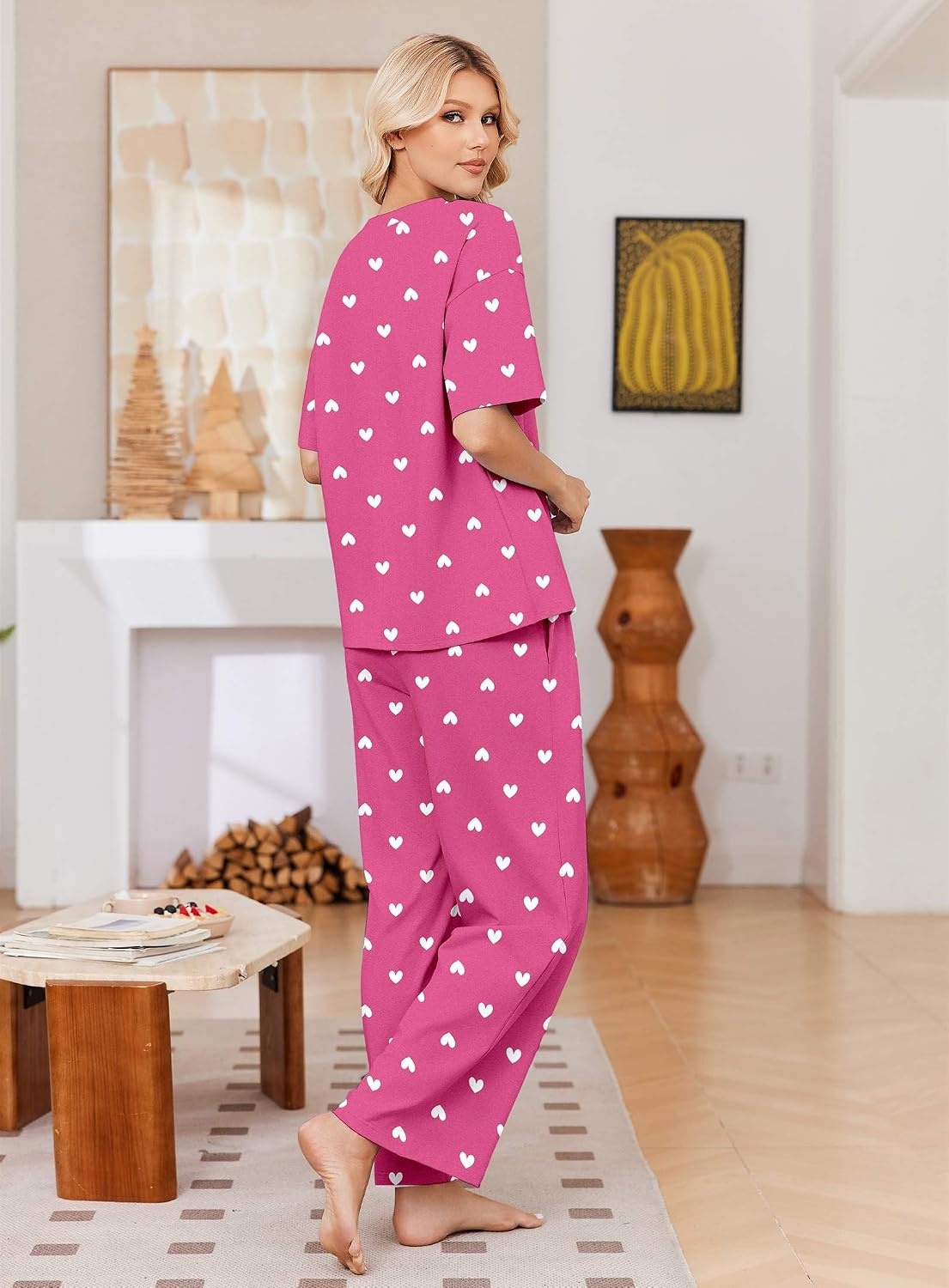 image:imageEkouaer Womens Pajama Sets Cotton Short Sleeve Long Pants Lounge SetRose Heart